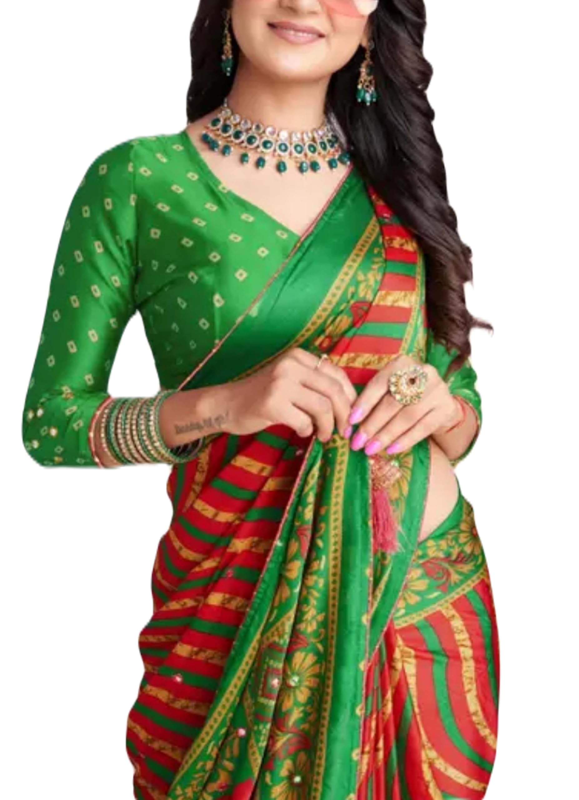 Women`s Soft Bandhej Silk Saree Heavy Embroidery with Beautiful Bandhani Sequence Gota Zari Border Saree Blouse Piece - GREEN RED
