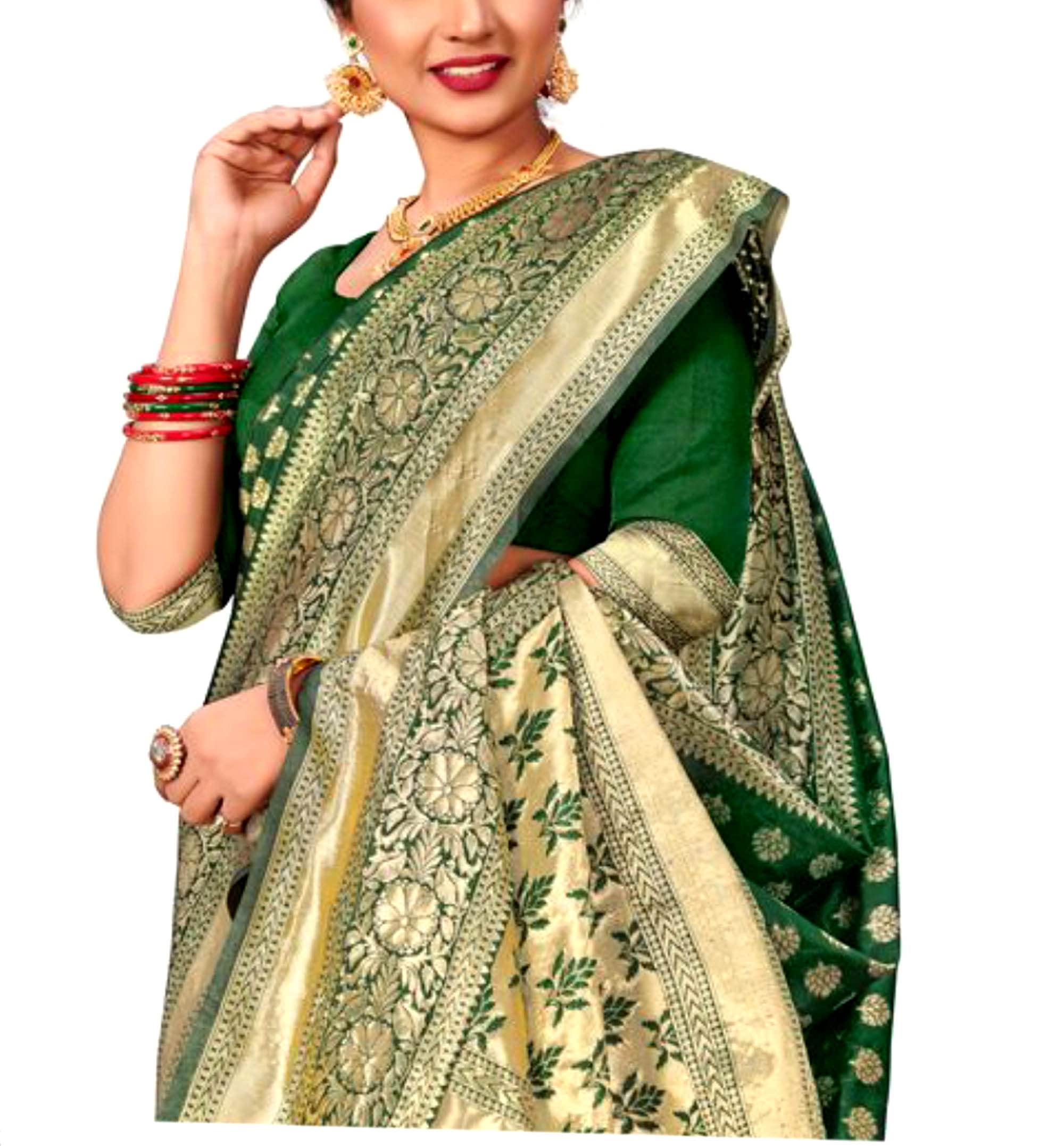 Jolly Bridal Banarasi Silk Saree Jacquard and Zardosi with All over Zari Border - Green