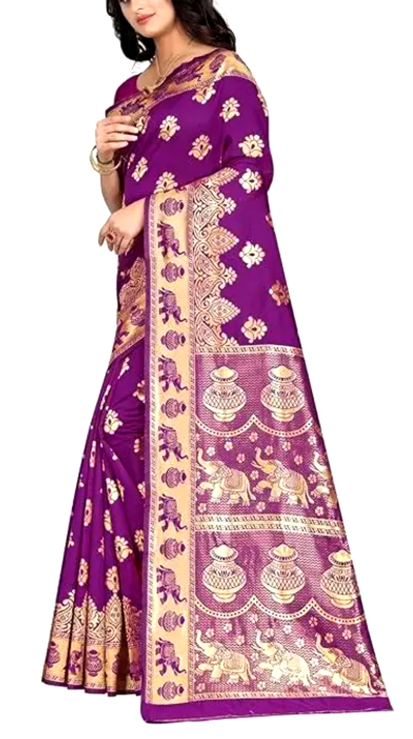 Purple Pure Baluchari Saree Handwoven With Elephant And Ghat Work Design 