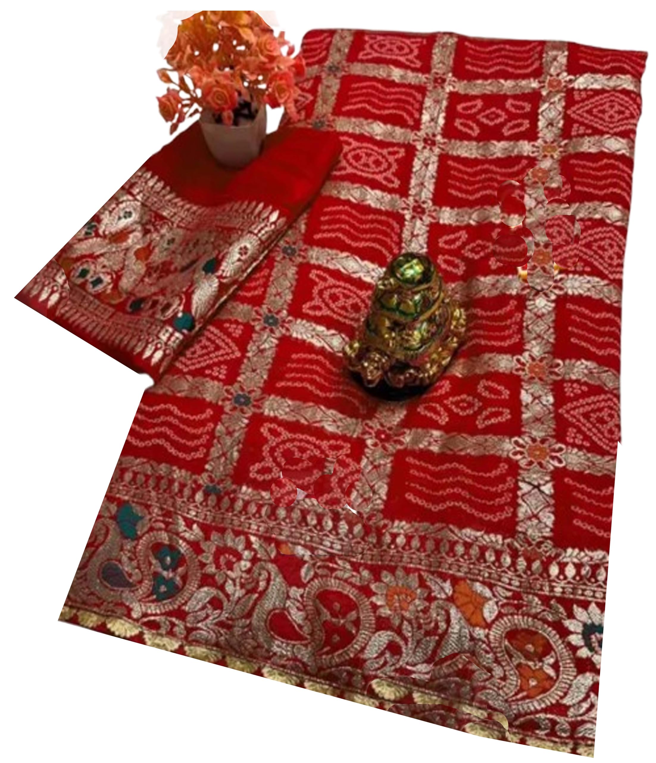 Women`s Bandhani Bandhej 2025 Silk Sarees Square Design Zari Weaving Work With Blouse Piece - Red