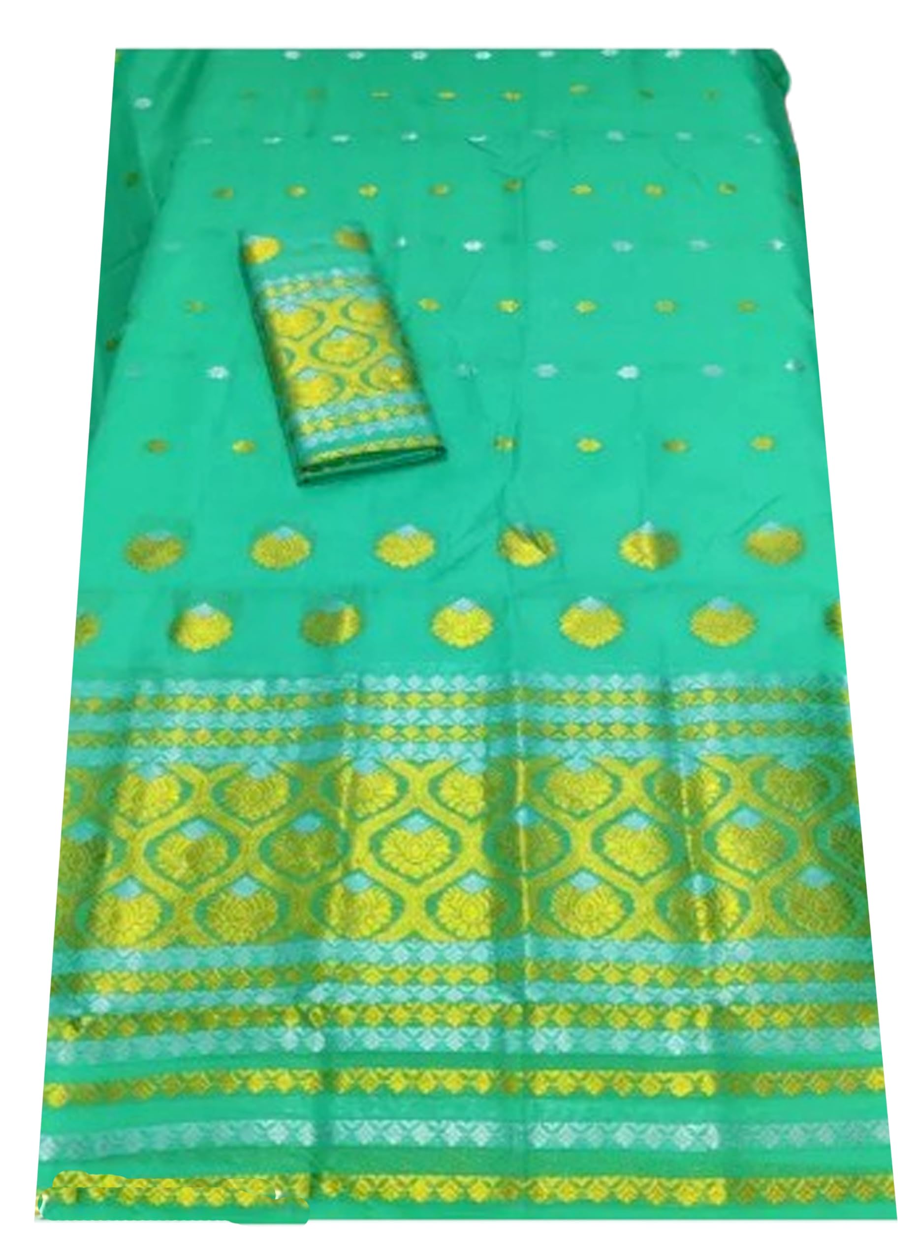 Women`s Assamese Mekhela Sador Paat Santal Panchi Lungi Parhar Fabric of Soft Silk Traditional Design- Firozi Green