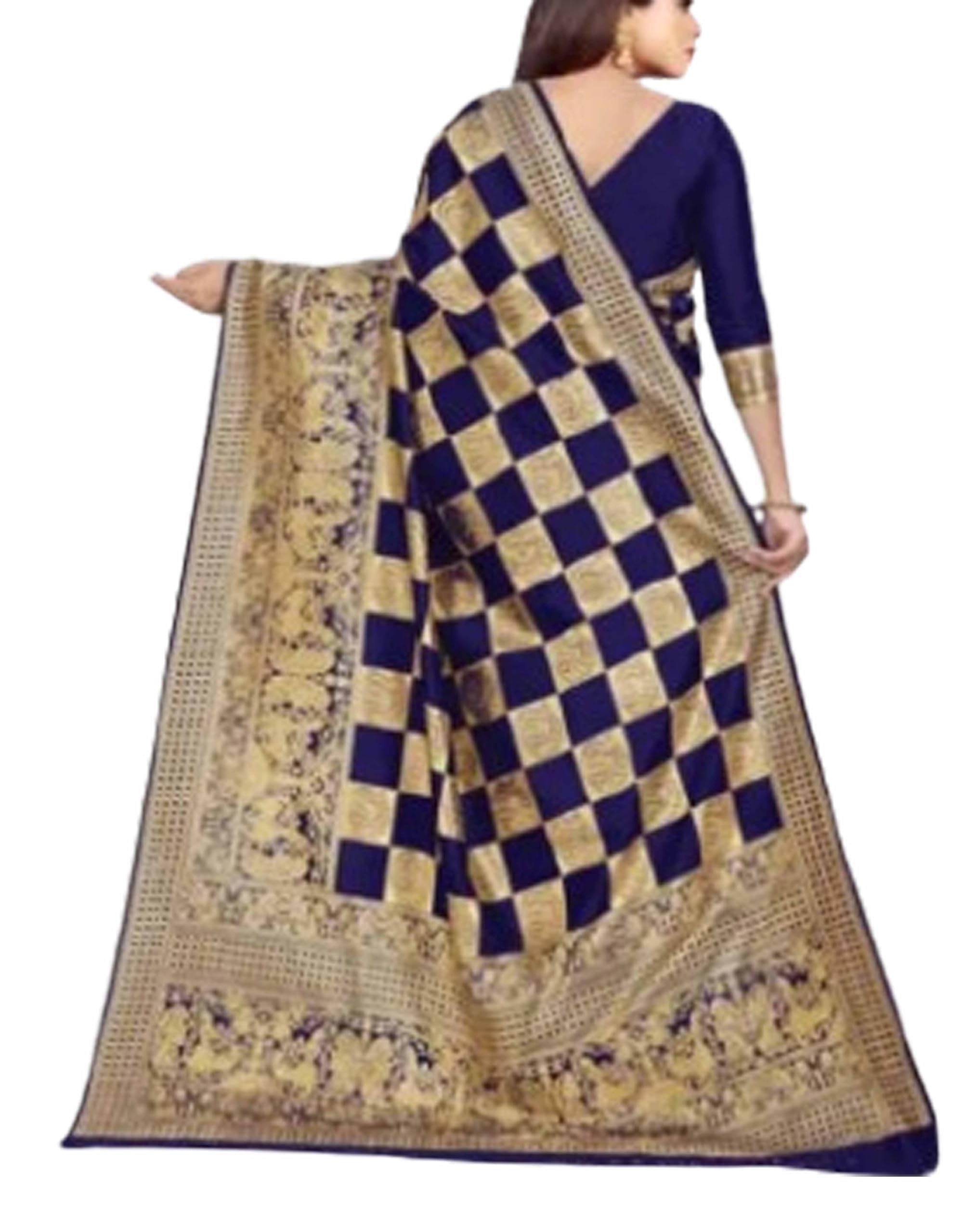 Banarasi Checkered soft Silk Jaquard Zari work All Over Weding Saree With Jaal Work Blouse- Blue Gold