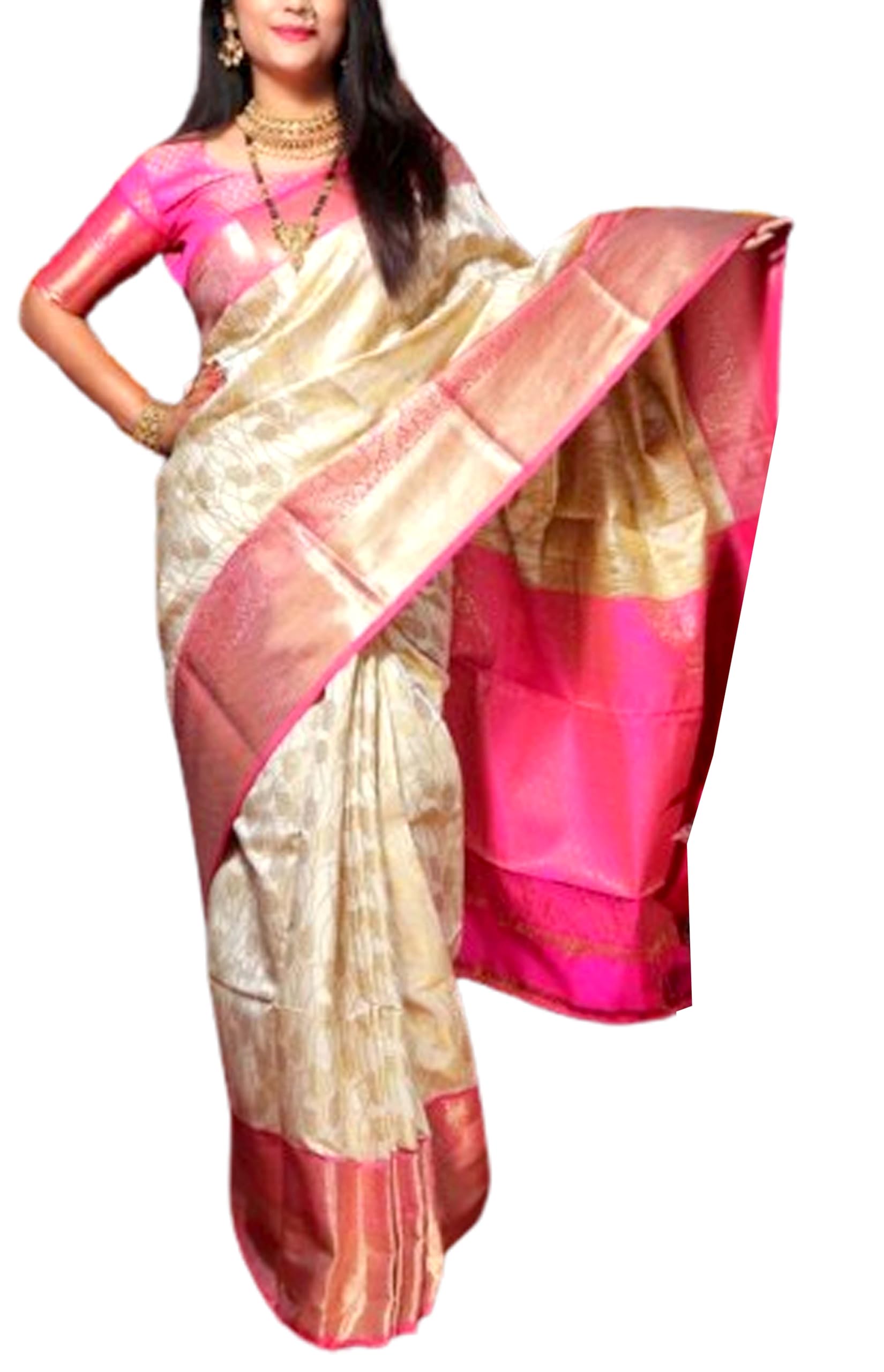 Jolly Women's Woven Kanjivaram Wedding Silk Festive Saree With Blouse Piece - Off White Pink