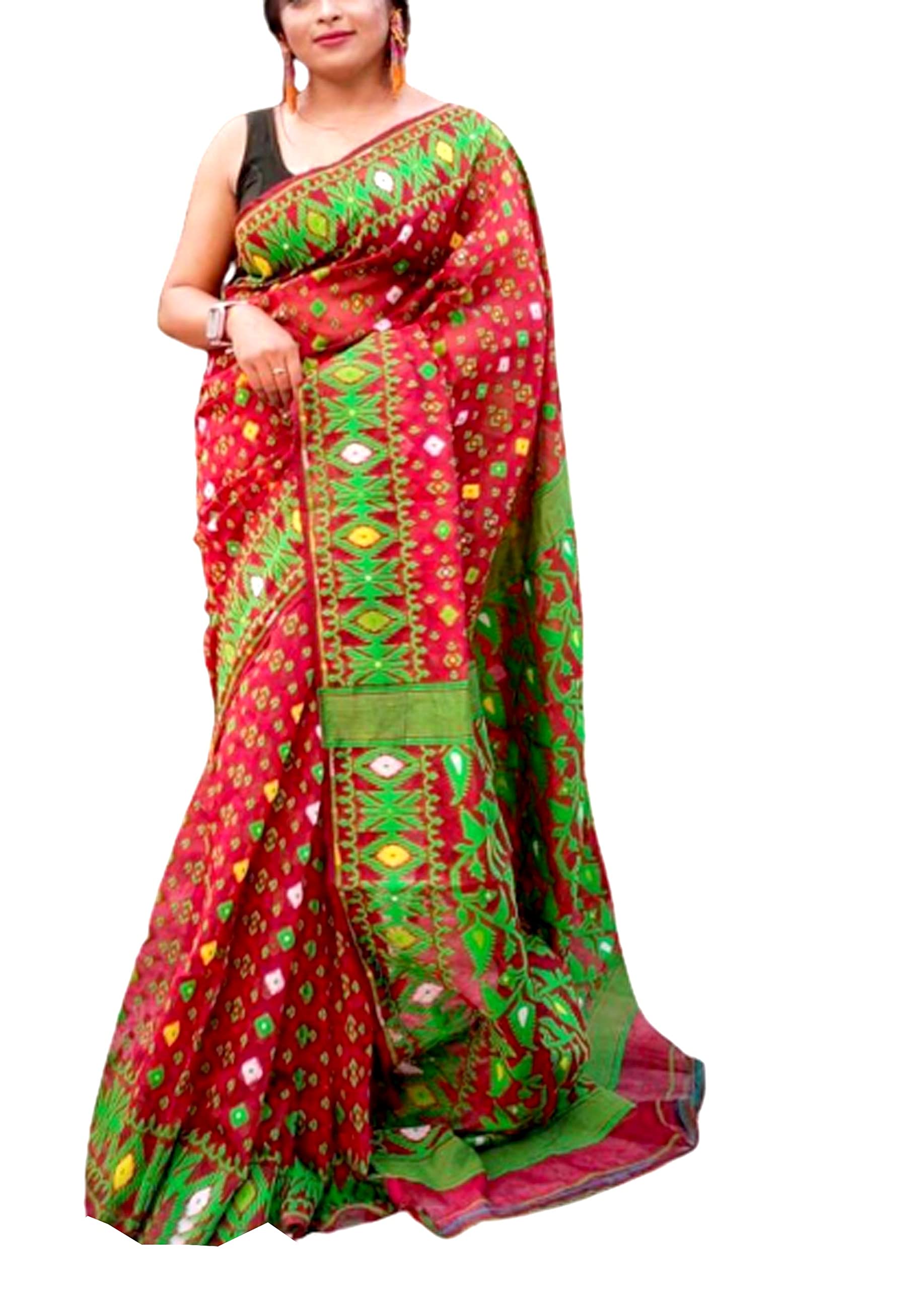 Jolly Women’s Dhakai Jamdani Saree Cotton Handloom Design Allover - Red Green