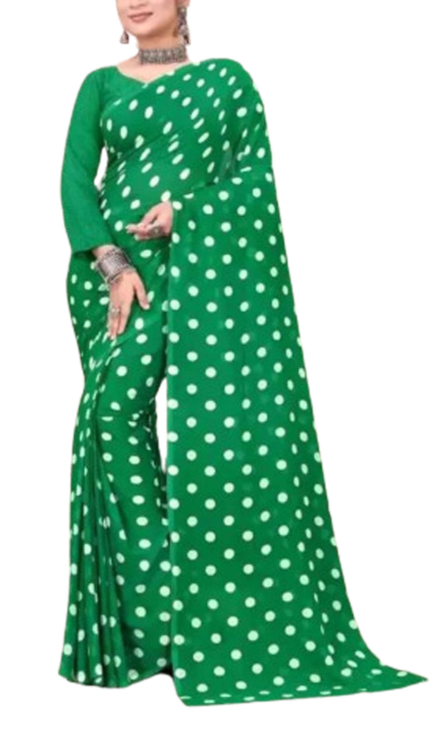 Women`s Green Polka Soft Georgette Embellished With Blouse Peice