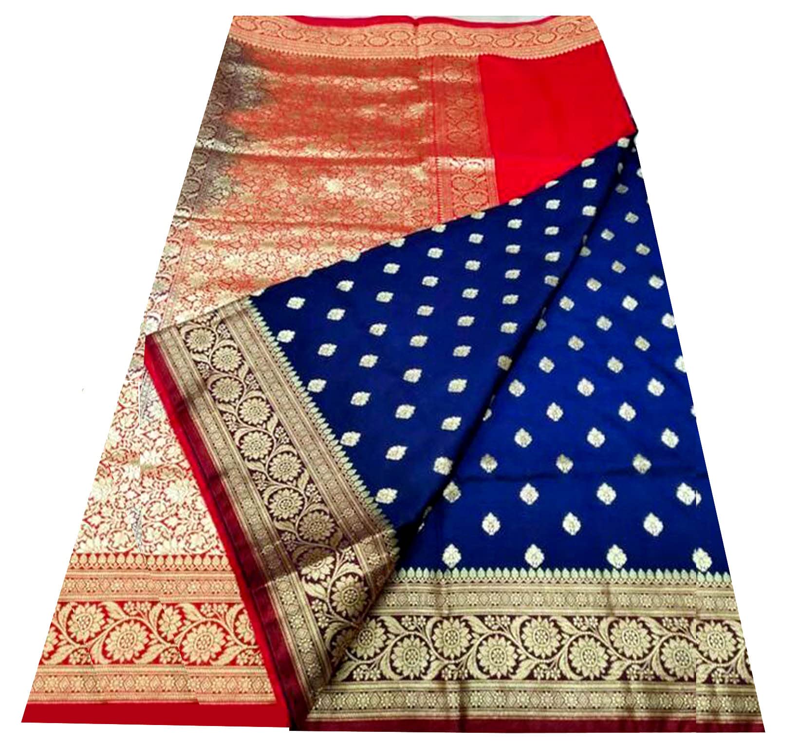 Jolly Enterprise Banarasi Silk Saree with All over Boota & Floral pattern Zari Embroidery Border - Blue Red
