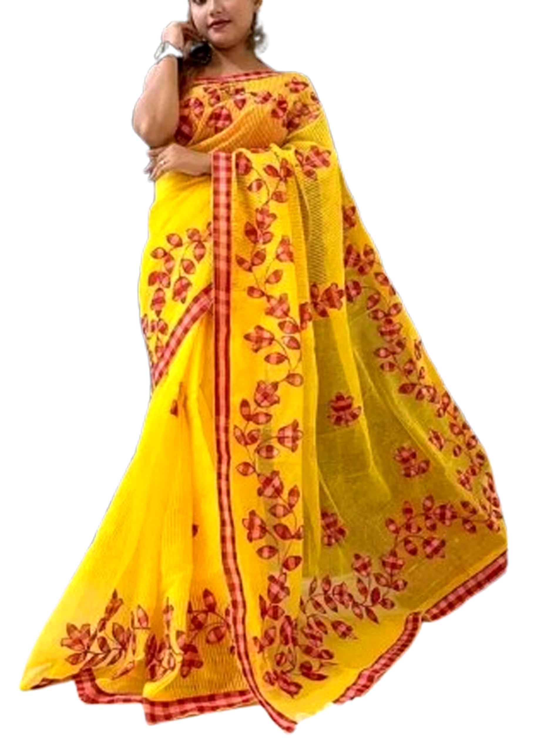 Yellow Khadi Cotton Flower Applique Work Handloom Puja Saree