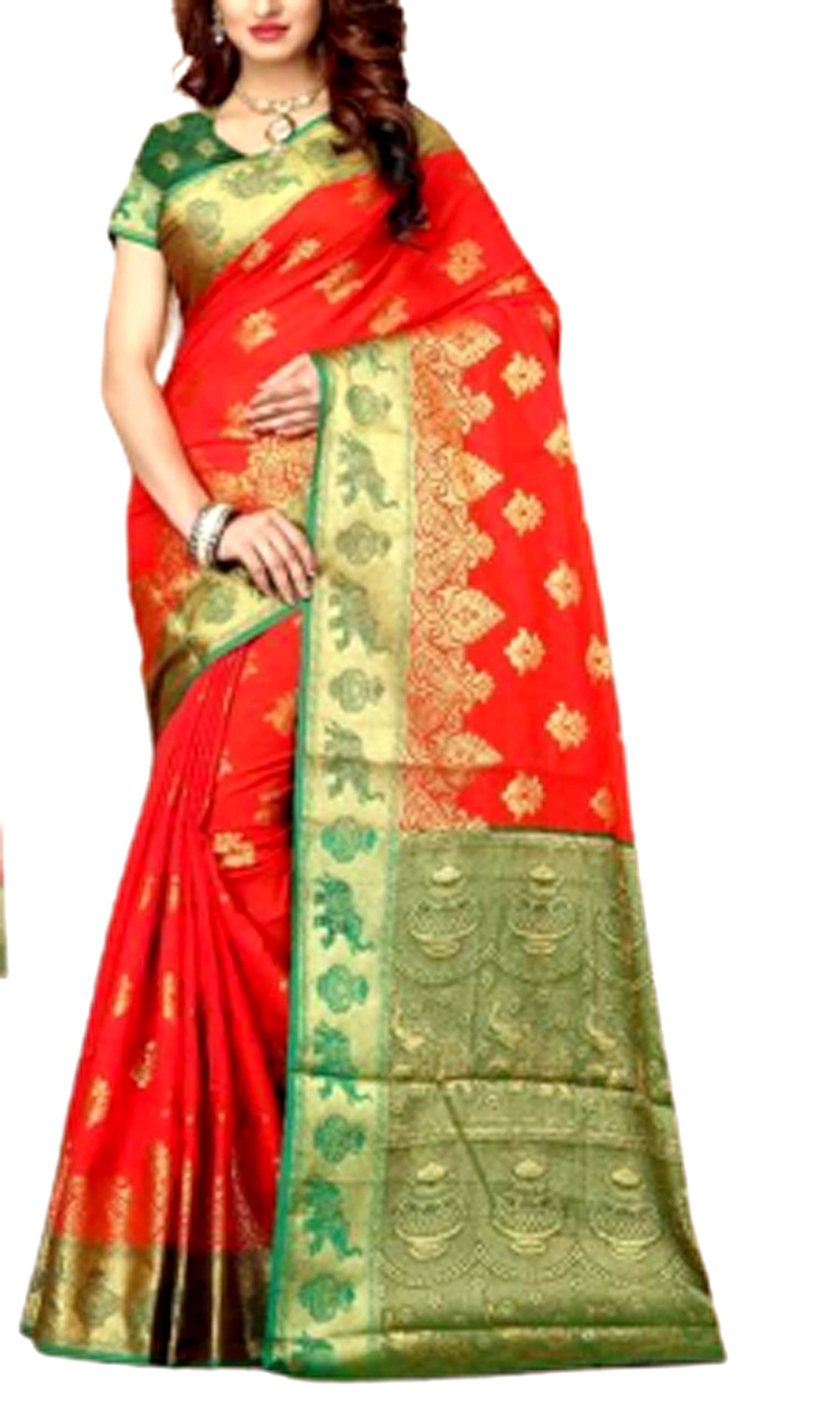 Kanchipuram Silk Saree with All over Golden Zari Border -Red