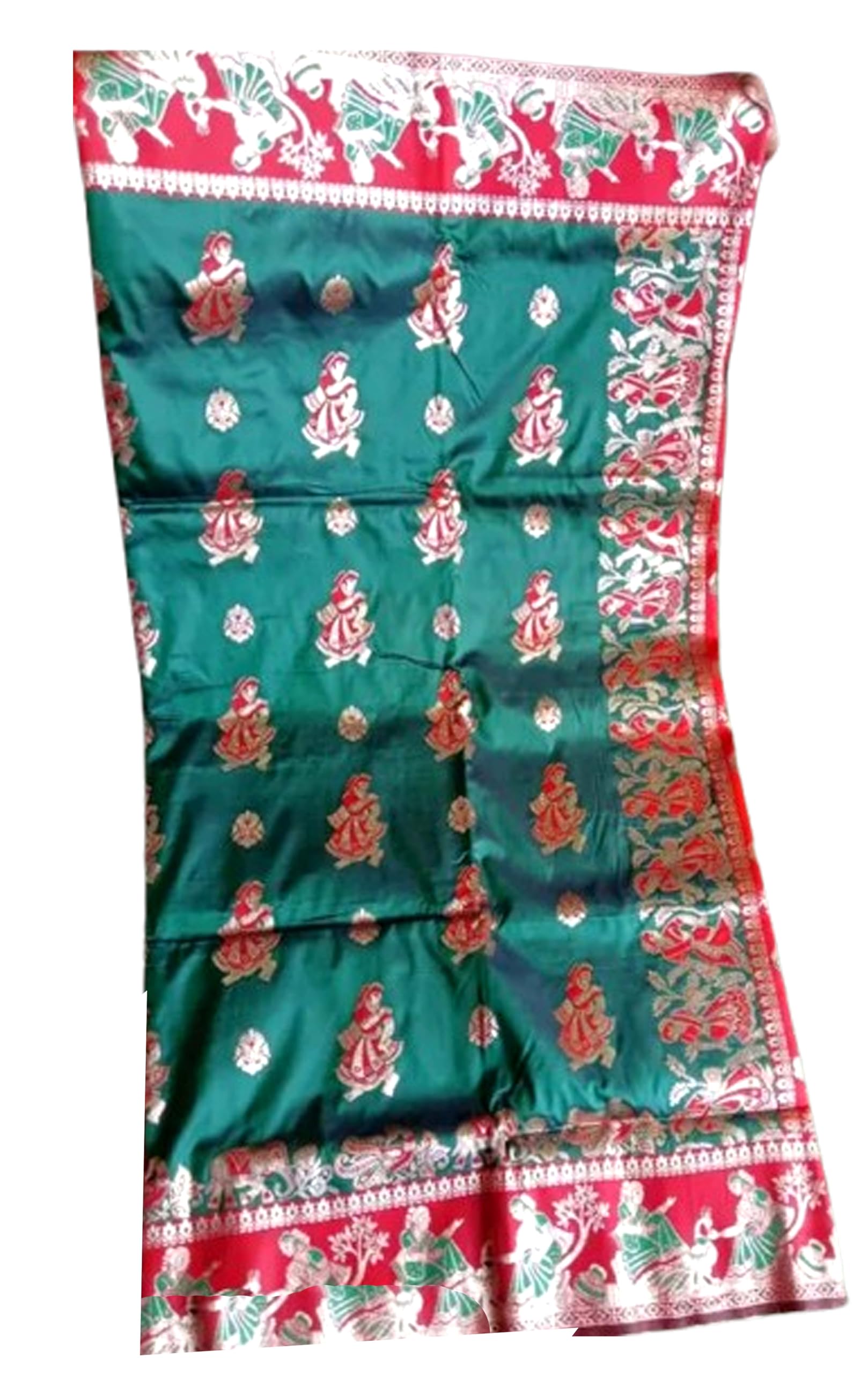 Women`s Pure Baluchari Saree Handwoven Traditional Design With BP - Pink Green