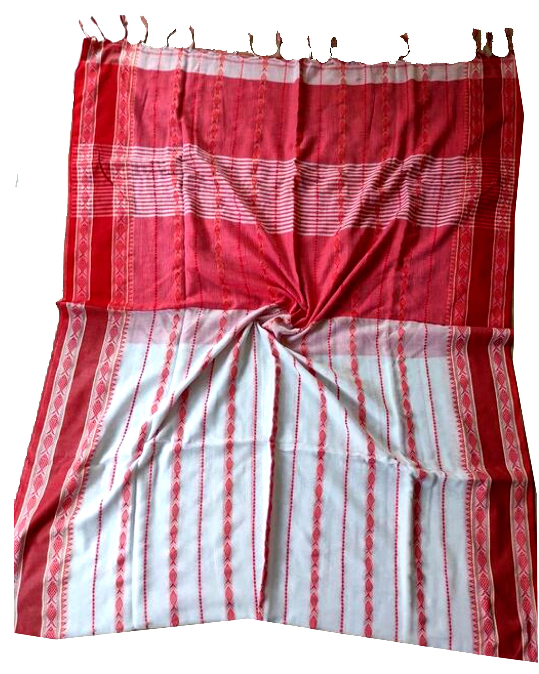 Women’s Dhaniakhali Khadi Pure Cotton Tant Saree Allover Work (White Red)