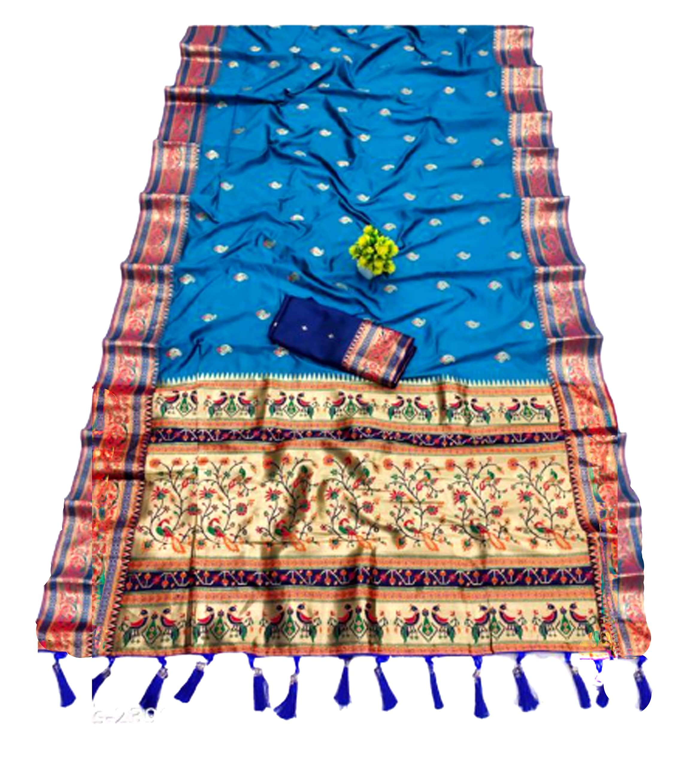 Jolly Women`s Paithani Silk Saree With Traditional Woven With Contrast Blouse Piece - Blue