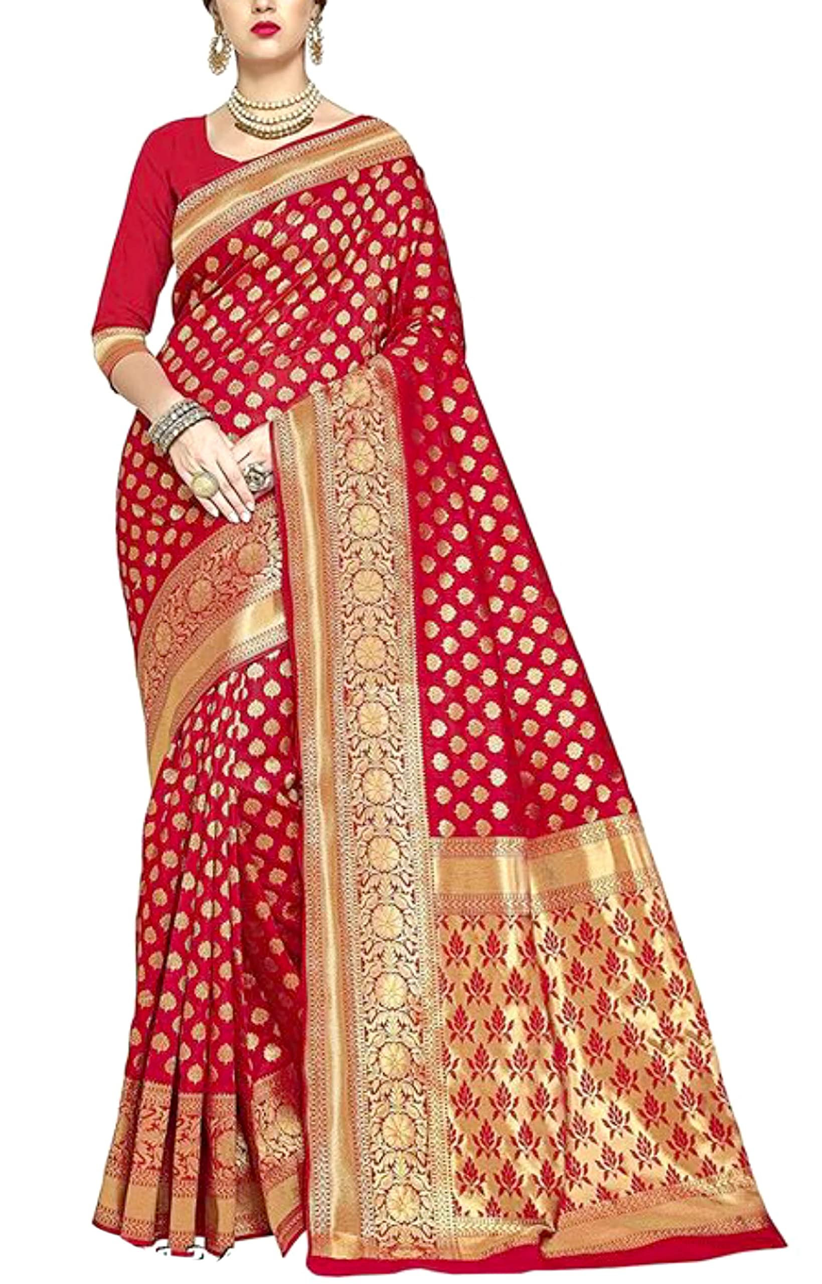 Jolly Bridal Banarasi Silk Saree Jacquard and Zardosi with All over Zari Border - Red