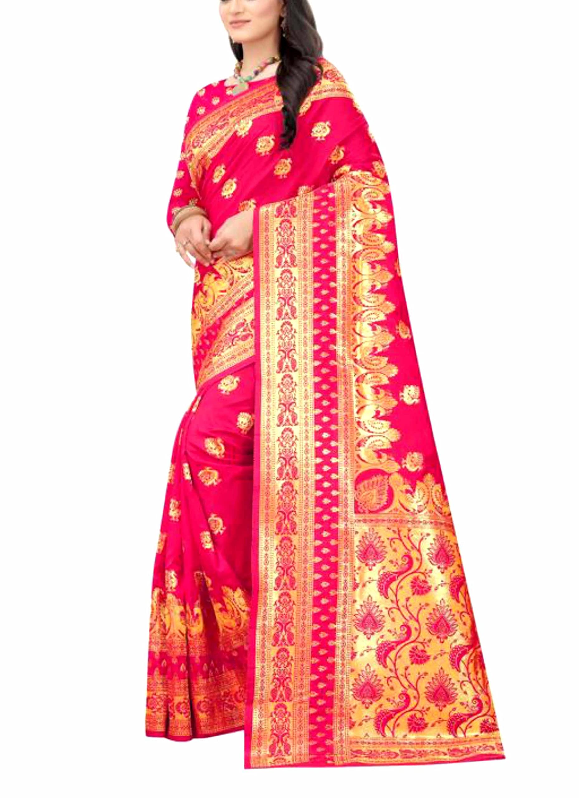 Banarasi soft Silk Rich Pallu Jaquard Zari work All Over Saree With Same Matching Blouse-Pink