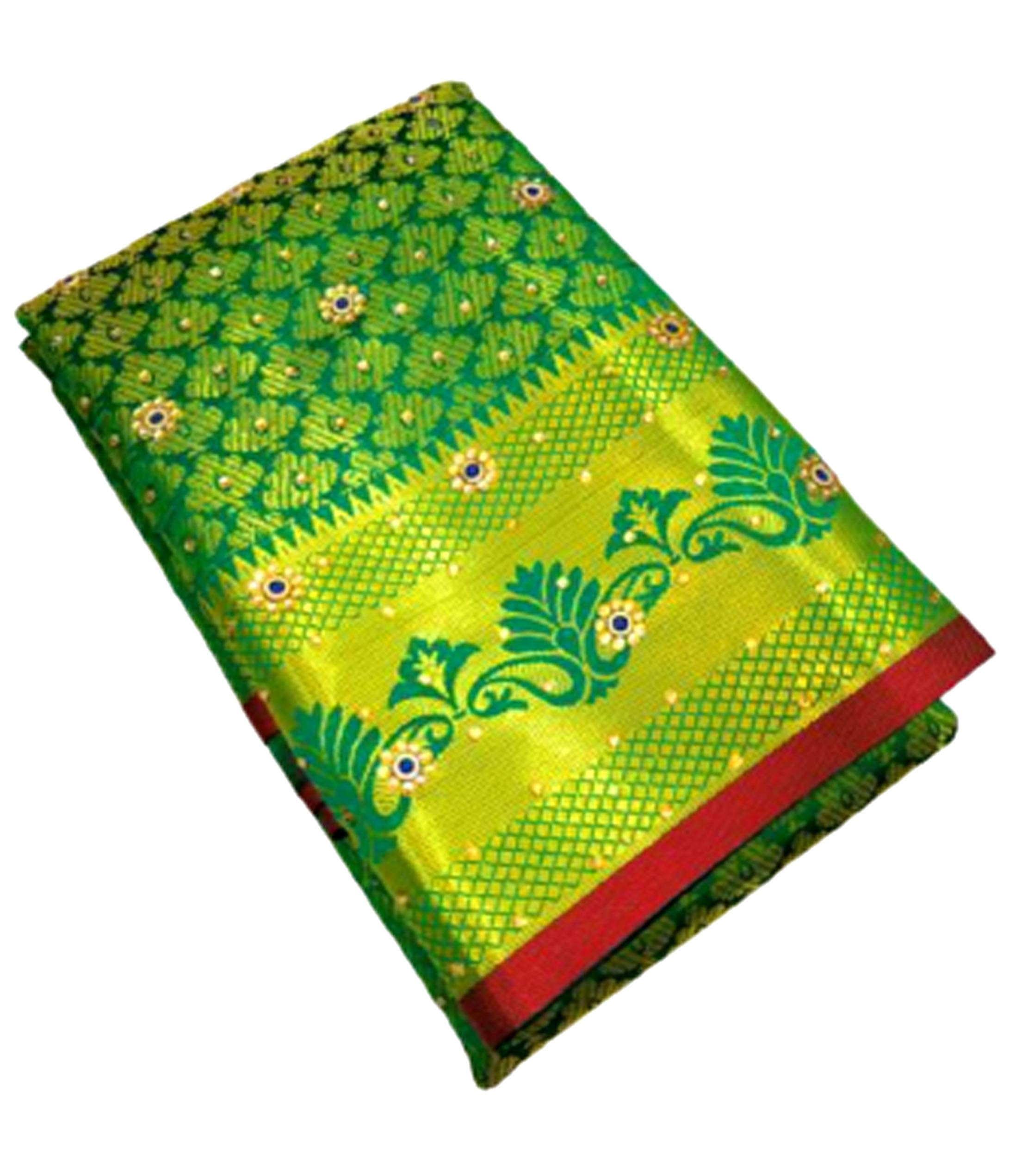 Bridal Brocade Banarasi Silk Saree Stone Work with All over Zari Border - Parrot Green