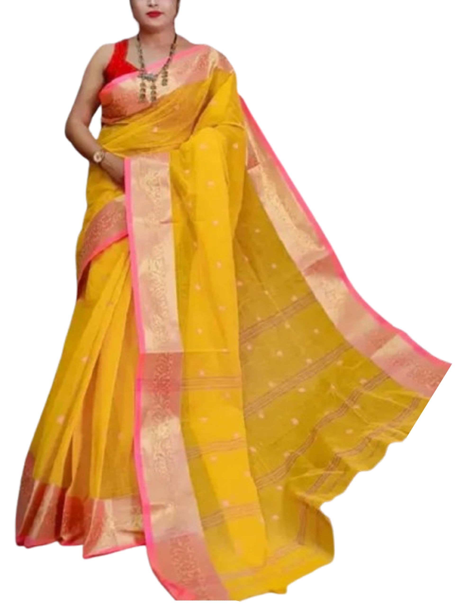 Jolly Durga Puja Kaddi Taant Saree Without Blouse - Yellow Peach