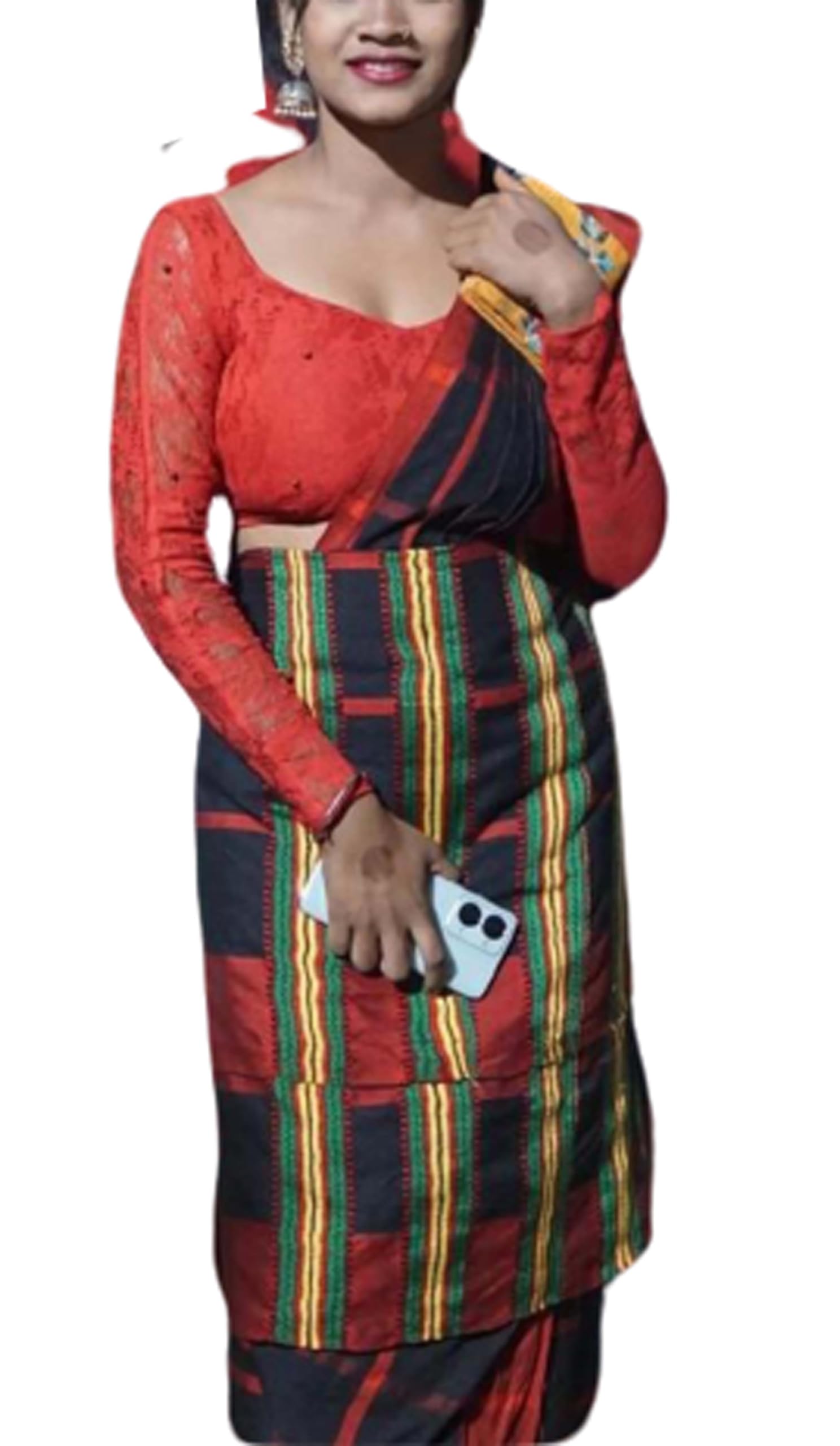 Santali Saree Tribal Design Pure Tussar With Embroidered Blouse - Black Red