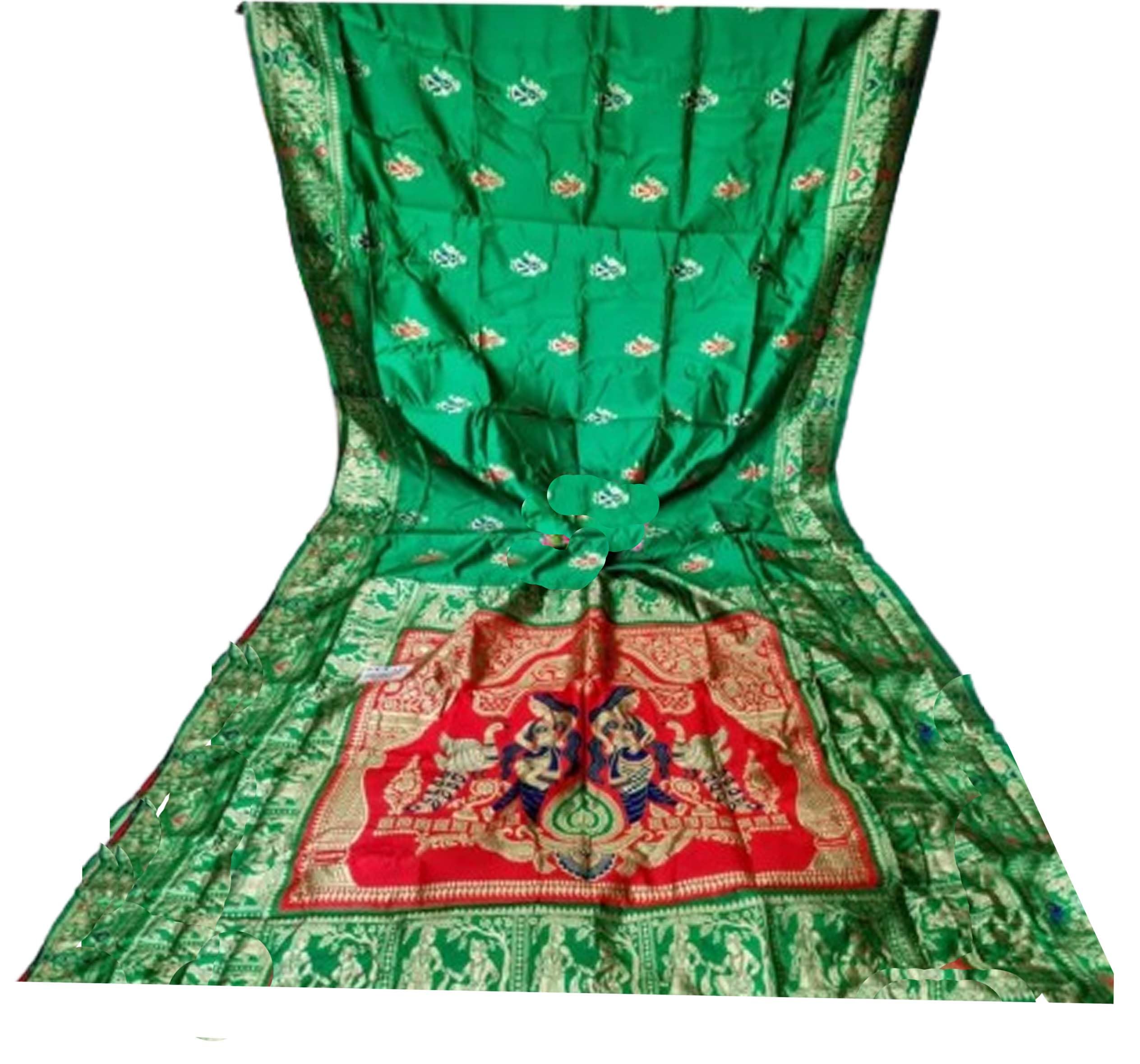 Women`s Pure Baluchari Saree Handwoven Traditional Design With BP - Green