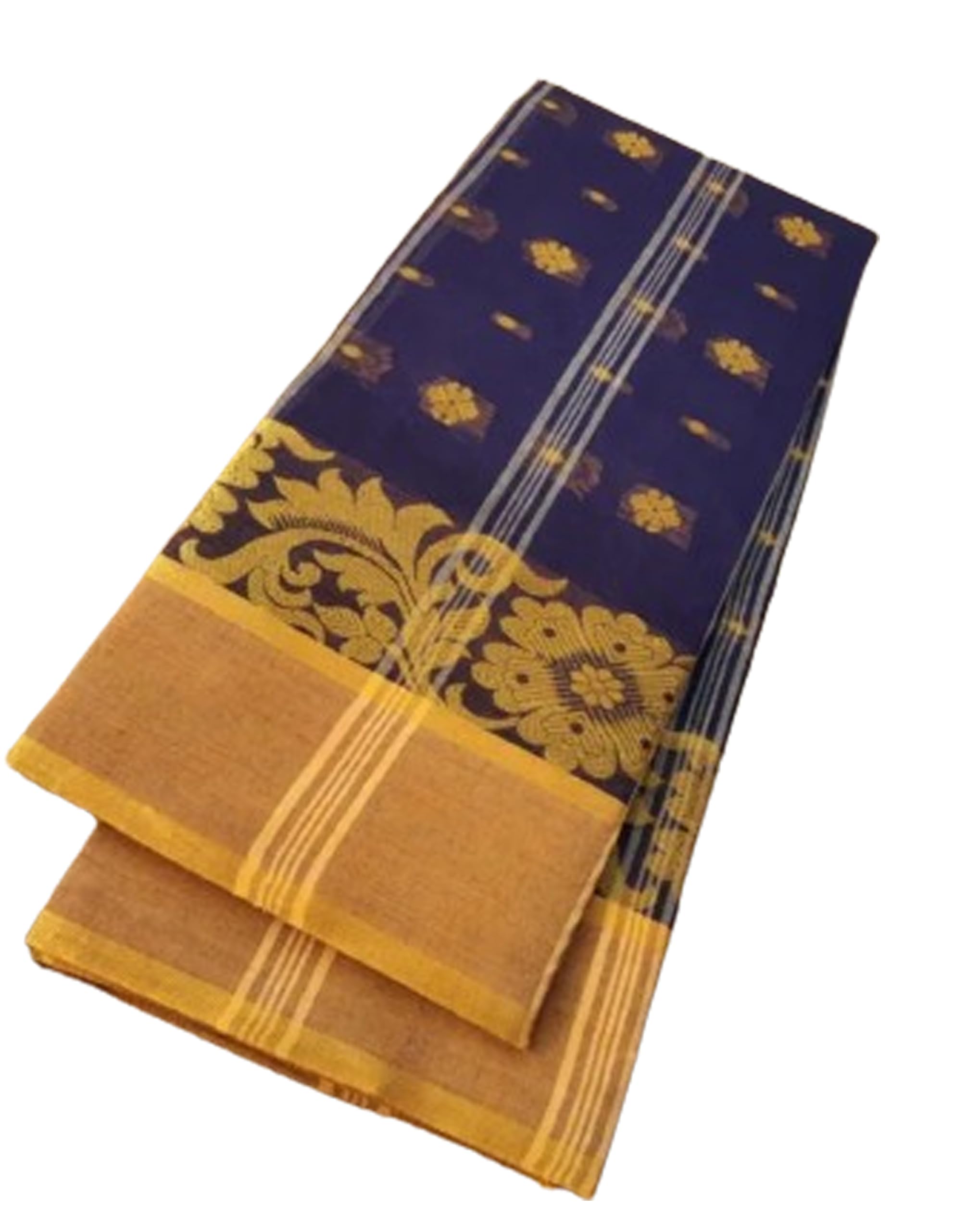 Women’s Tant Saree Pure Fine Cotton By Fulia Handloom Without Blouse -Blue Mustard