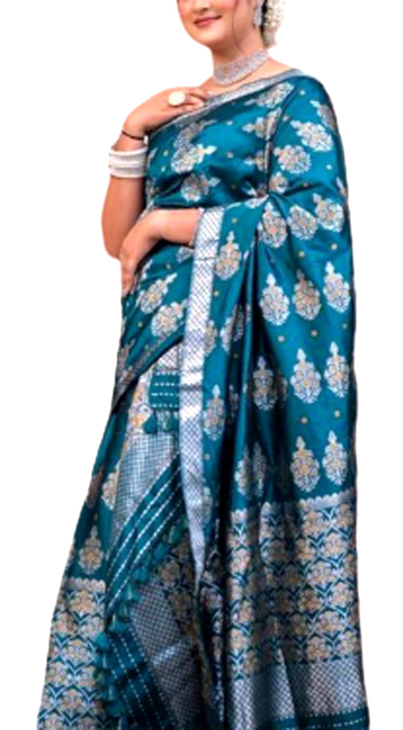 Women`s Bridal Assamese Mekhela Sador Jura Santal Panchi Lungi Parhar Pure Fabric Soft Silk Traditional Design-Firozi Blue