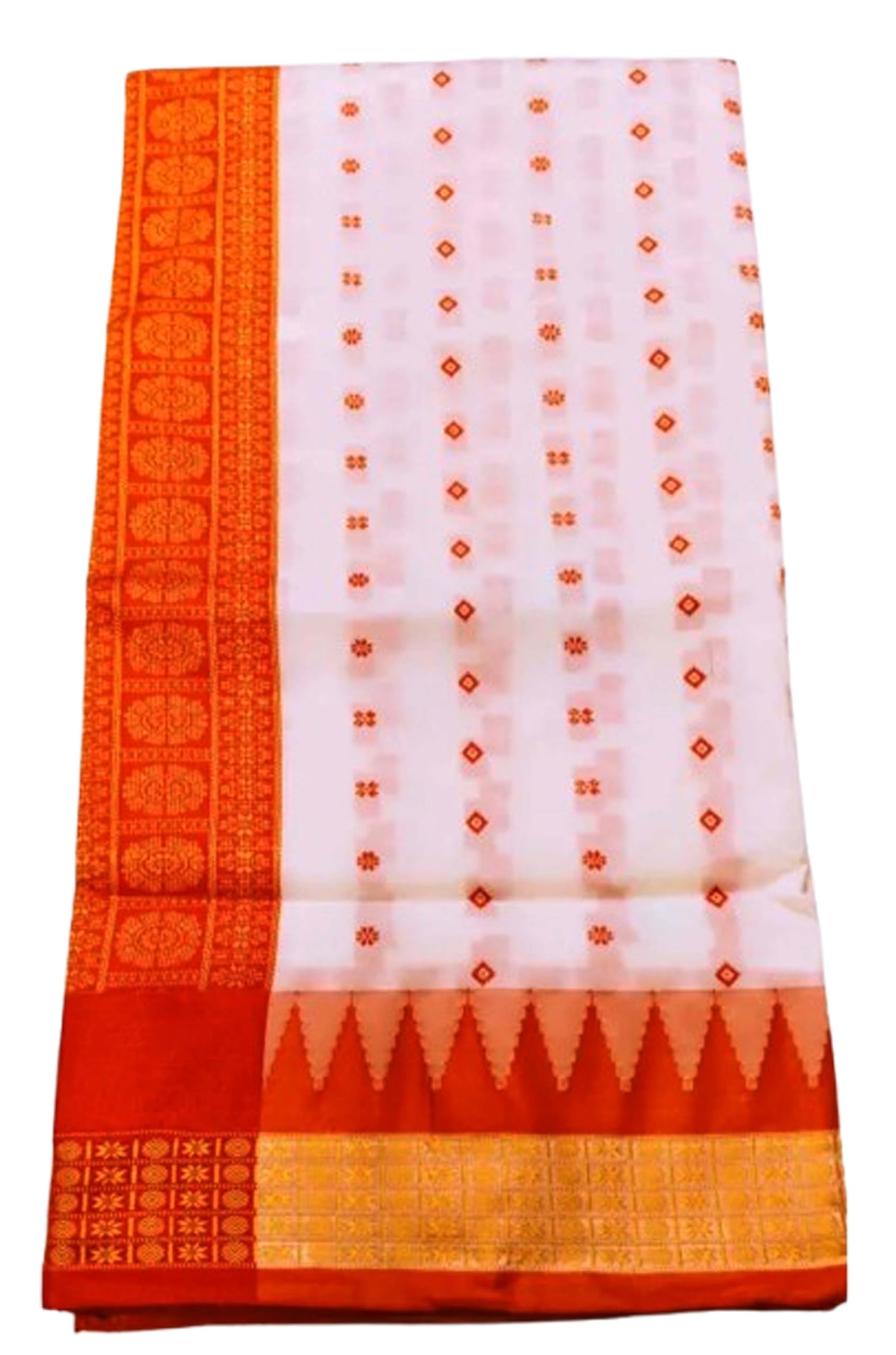 Jolly Women`s Sambalpuri Embroidery Satin Silk Saree Traditional Design with Blouse Piece - Orange White