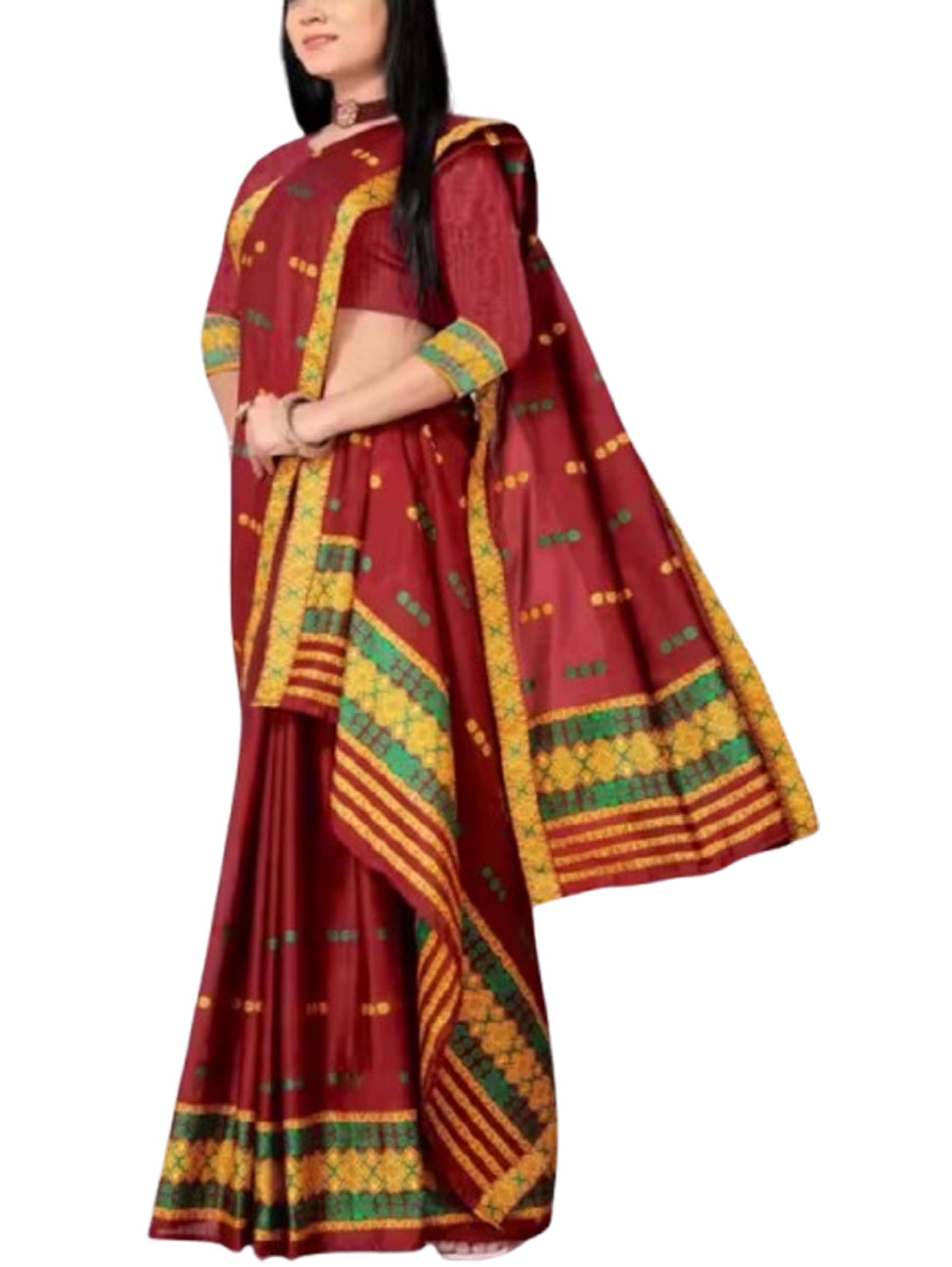 Women`s Assamese Mekhela Sador Cotton Traditional Design- Maroon