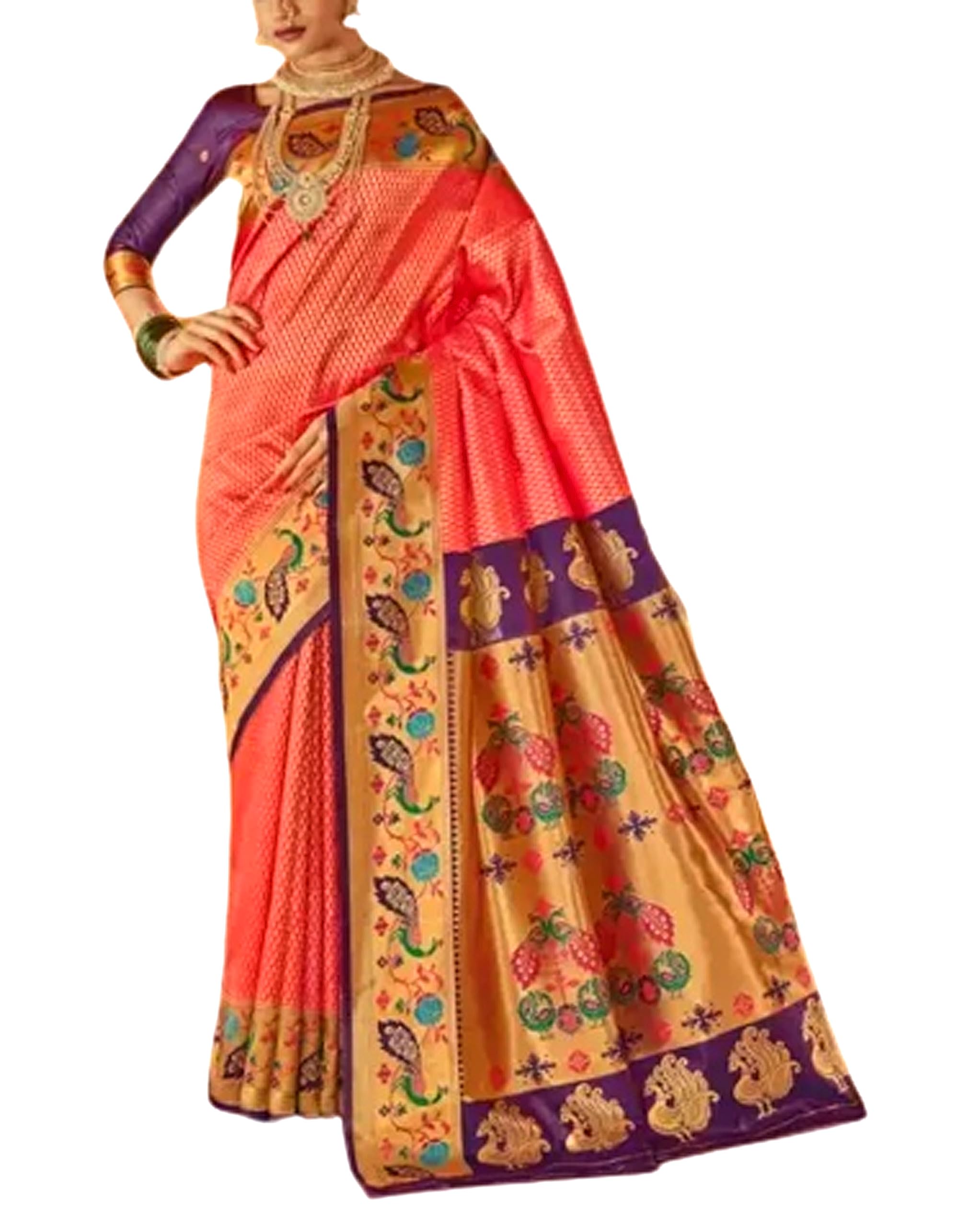 Women`s Maharastrian Paithani Silk Saree With Traditional Woven with Contrast Blouse Piece - (Pink)