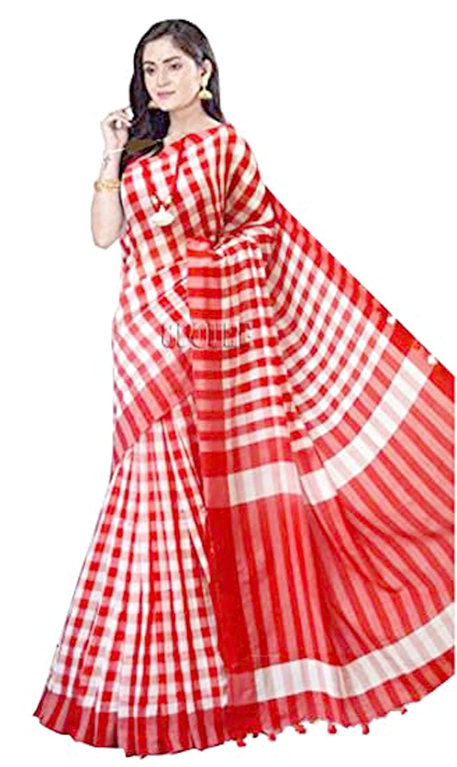 Women’s Cotton Red Gamcha Checked Shantipuri Khadi Handloom Saree