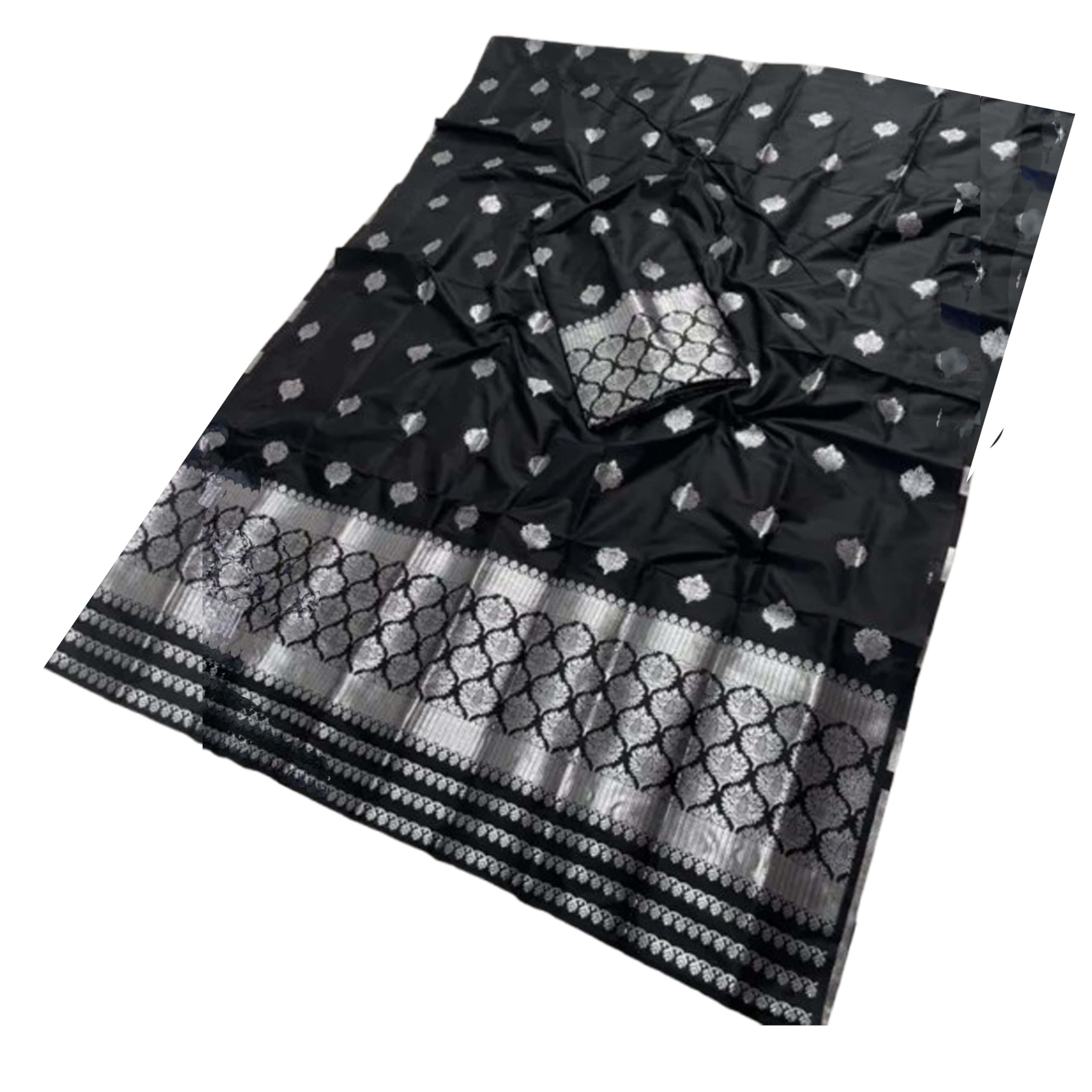 Women`s Assamese Mekhela Sador Santal Panchi Lungi Parhar Fabric of Soft Silk Traditional Design- Black Silver Design