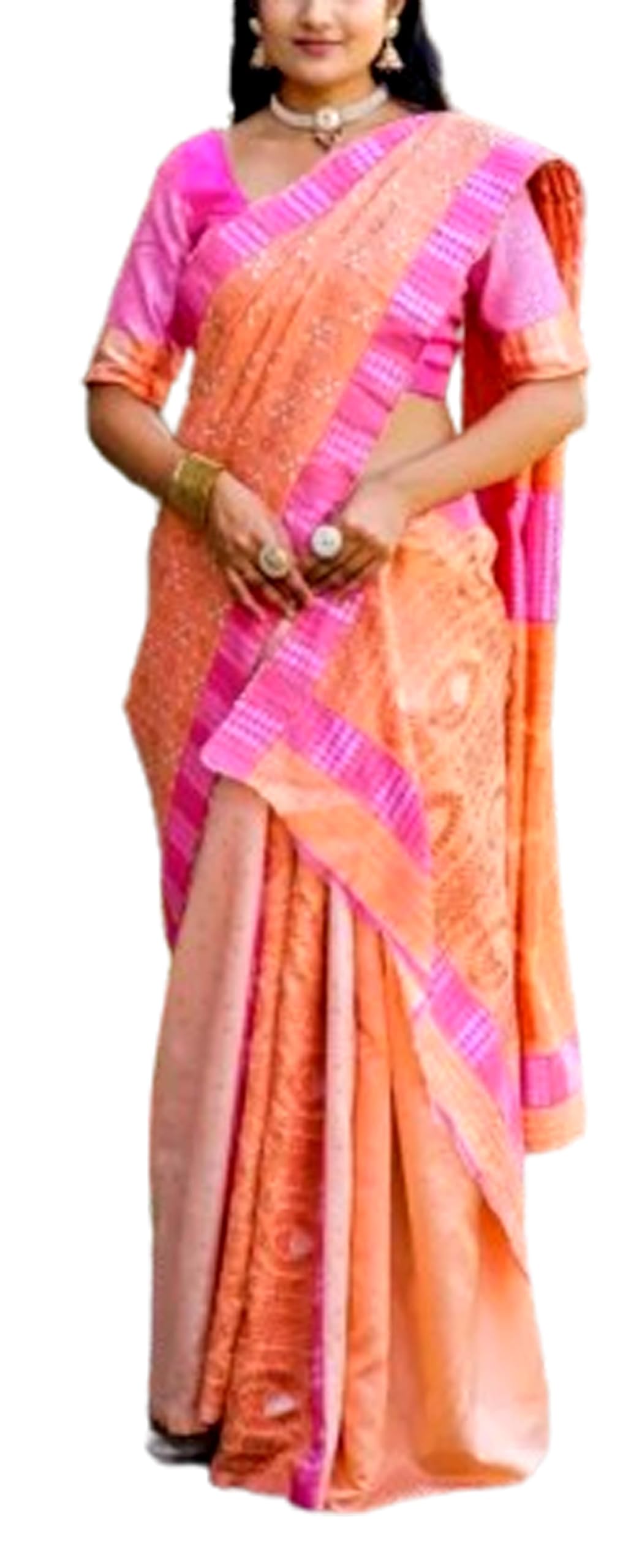 Women`s Assamese Mekhela Sador Paat Santal Panchi Lungi Parhar Fabric of Soft Silk Traditional Design- Orange Pink