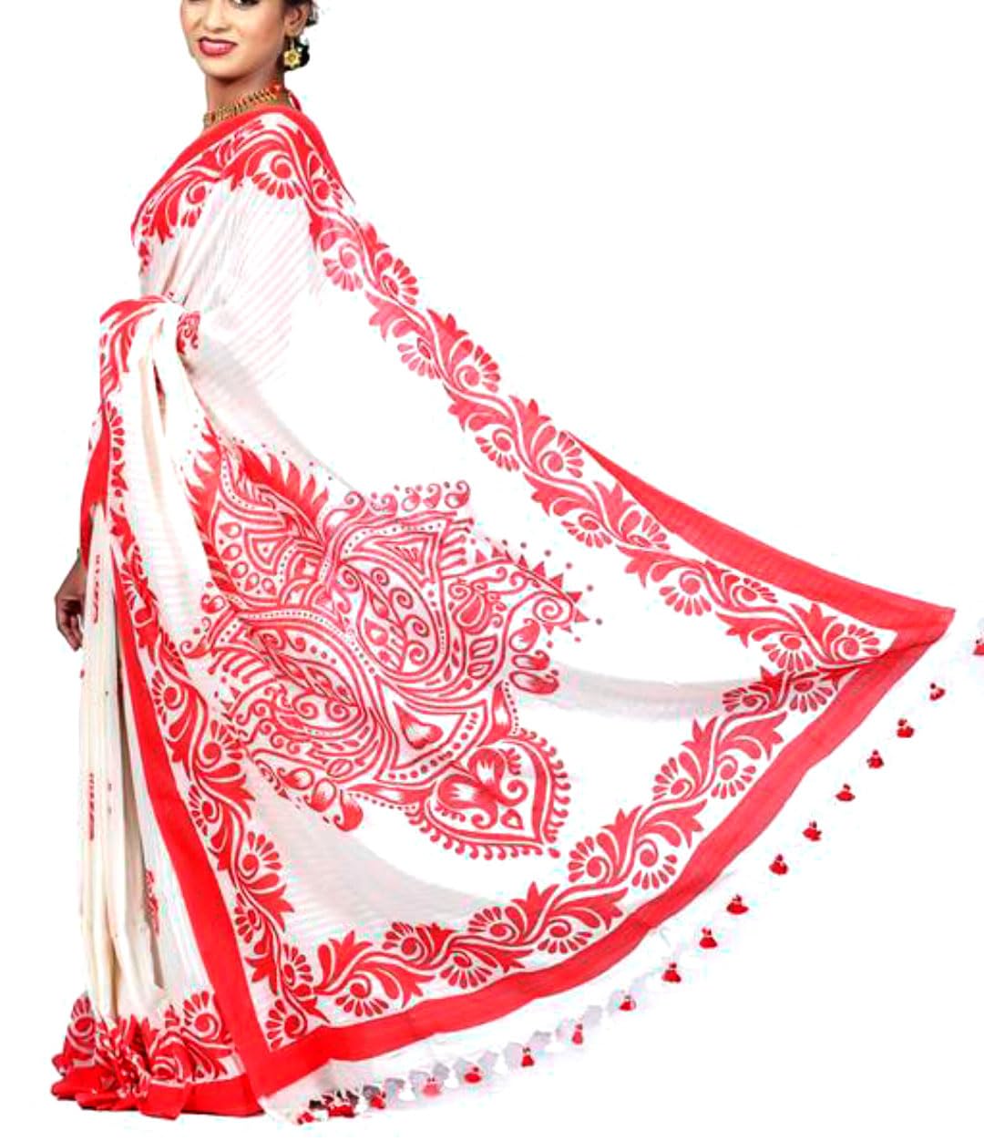 Jolly Puja Saree Cotton Handloom - White Red