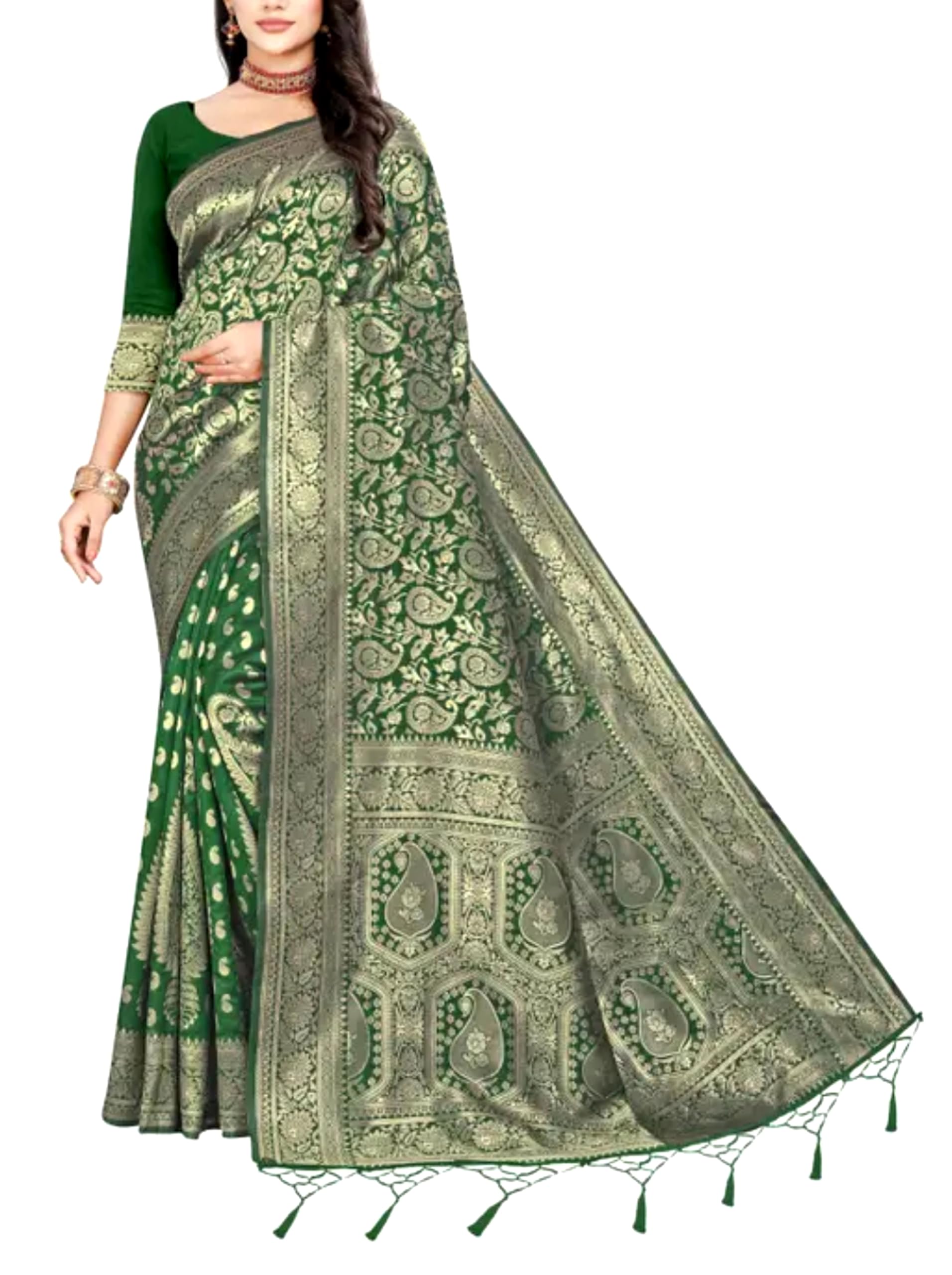 Bridal Soft Banarasi Silk Saree with Zari Contrast Border - Green