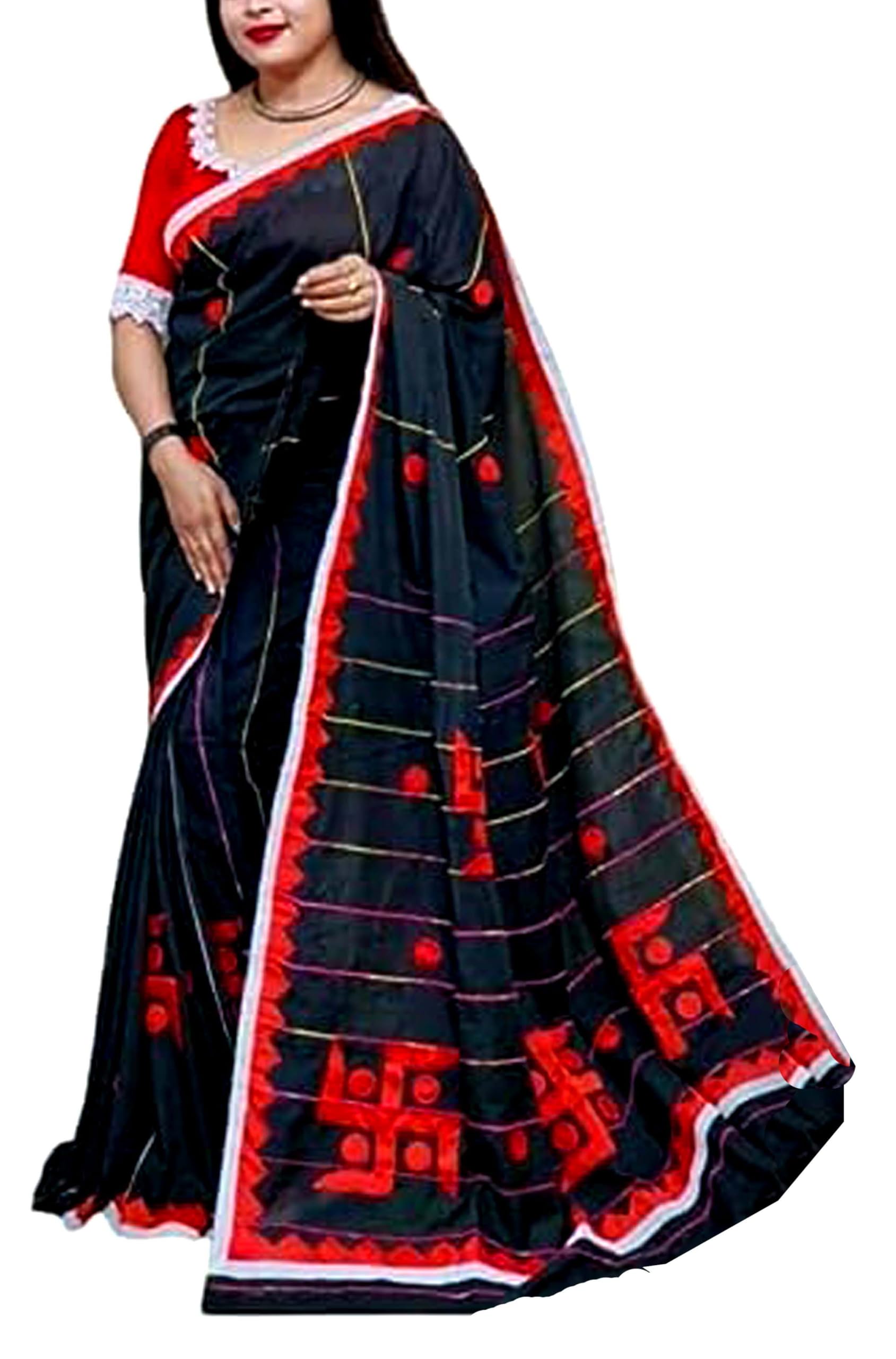 Jolly Swastik Khadi Cotton Applique Work Handloom Puja Saree - Black
