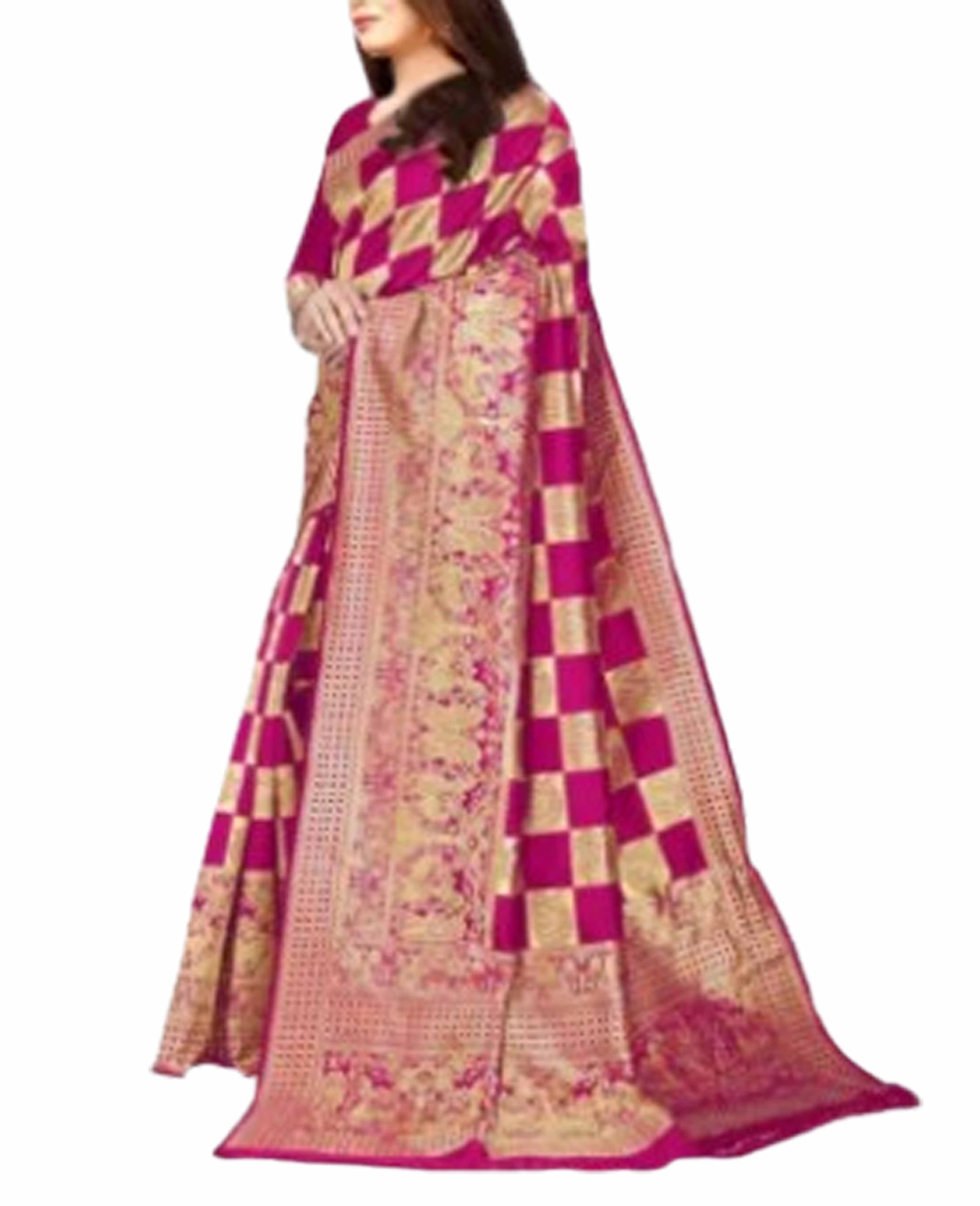 Banarasi Checkered soft Silk Jaquard Zari work All Over Weding Saree With Jaal Work Blouse- Pink Gold