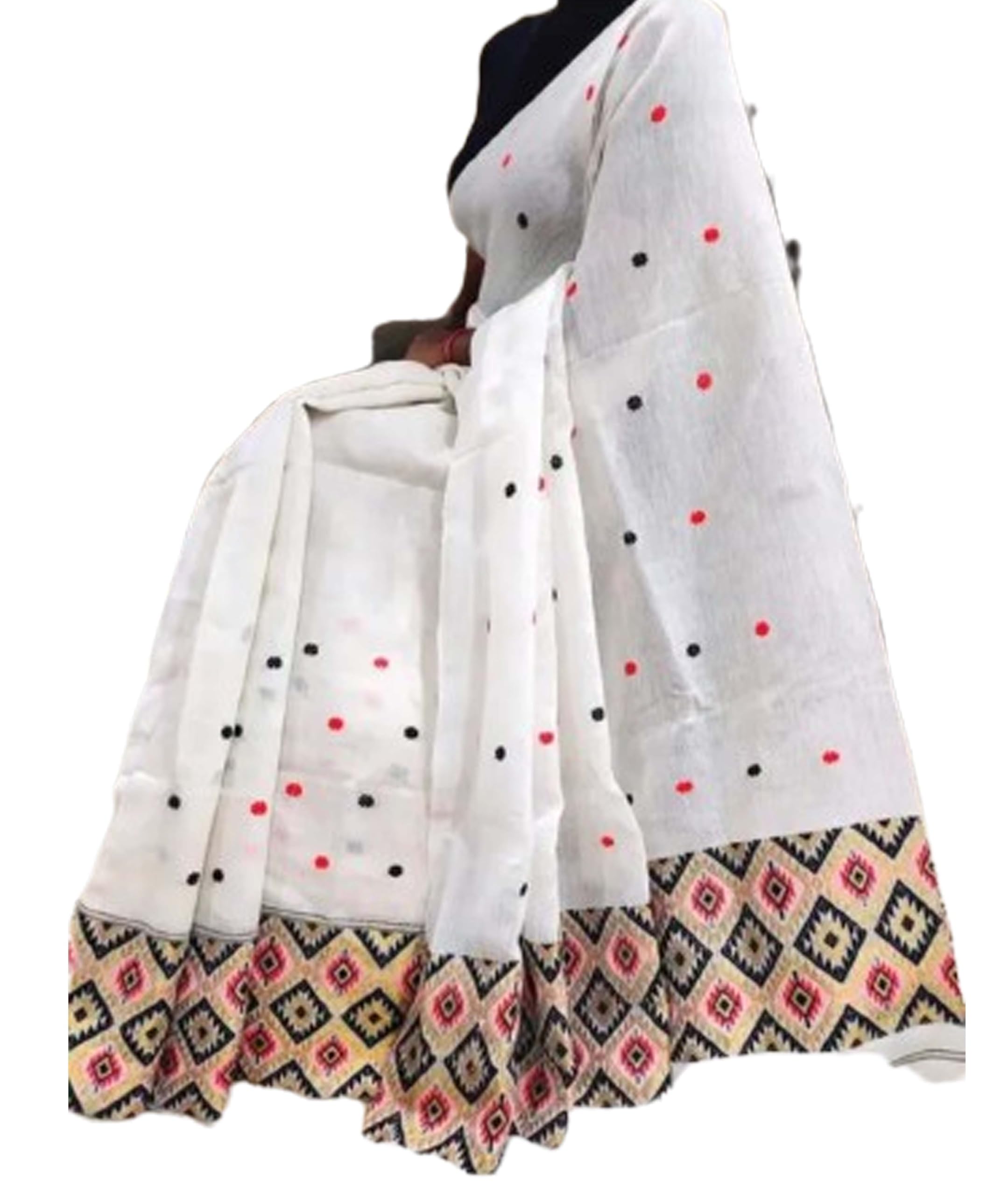 Women`s Assamese Mekhela Sador Paat Santal Panchi Lungi Parhar Fabric of Soft Silk Traditional Design- Diamond buti