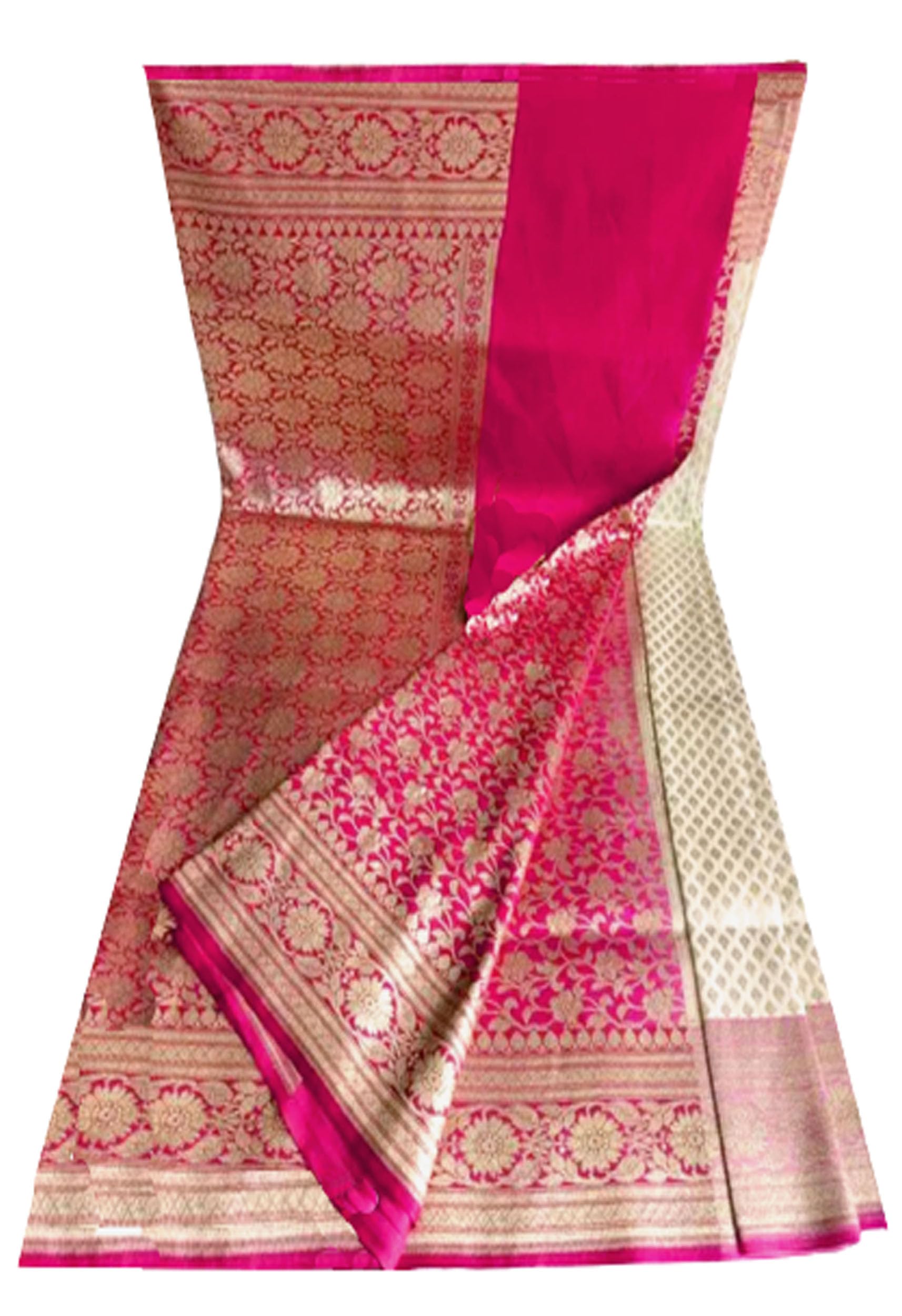 Jolly Banarasi Katan Silk Saree with All over Golden Zari Border - White Pink Rani (Small Buti)