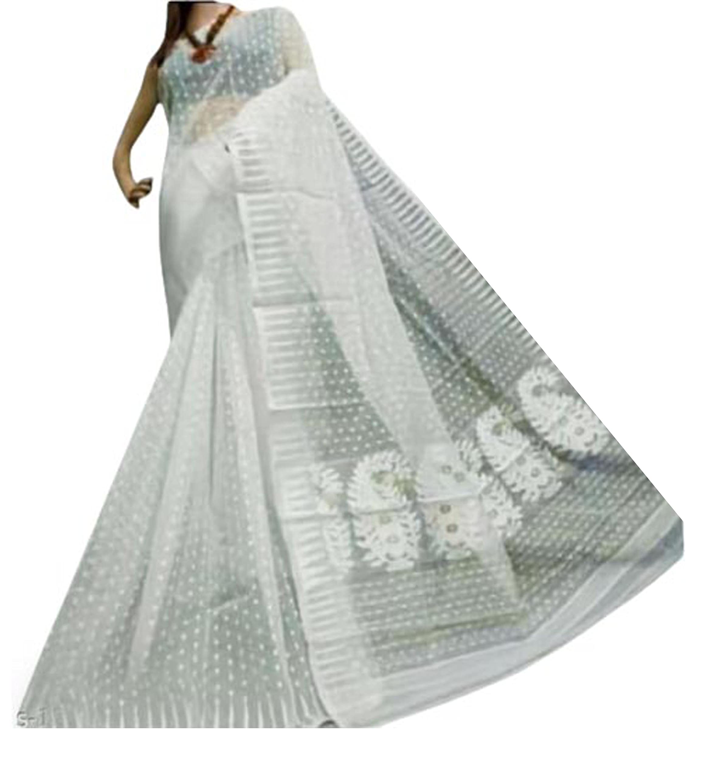 Women’s Cotton Hajarbuti Handloom With Jamdani Design Allover Bland Tant Saree-White
