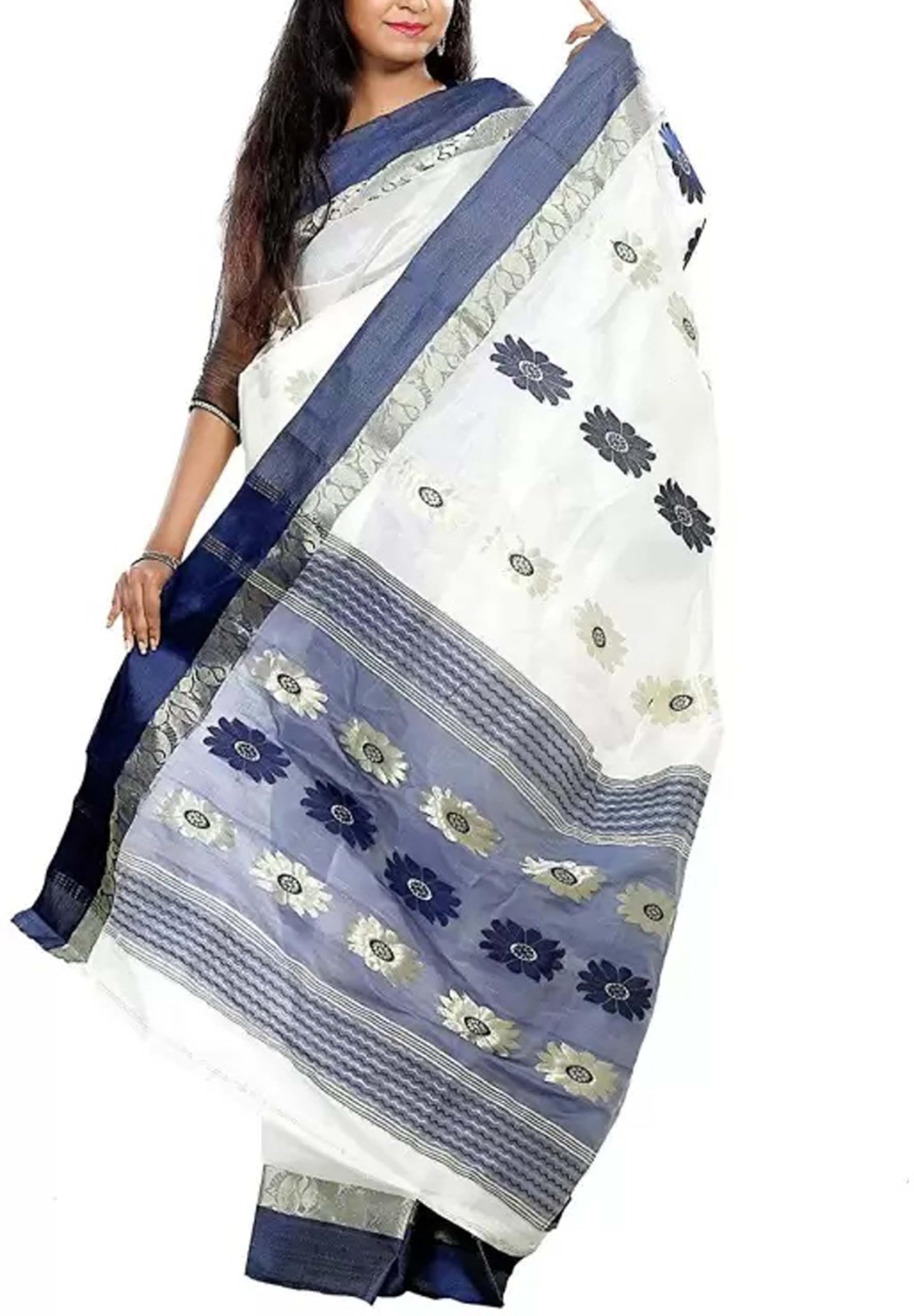 Women`s Hand Woven Pure Tussar Silk Saree With Unstitched Blouse- White Blue