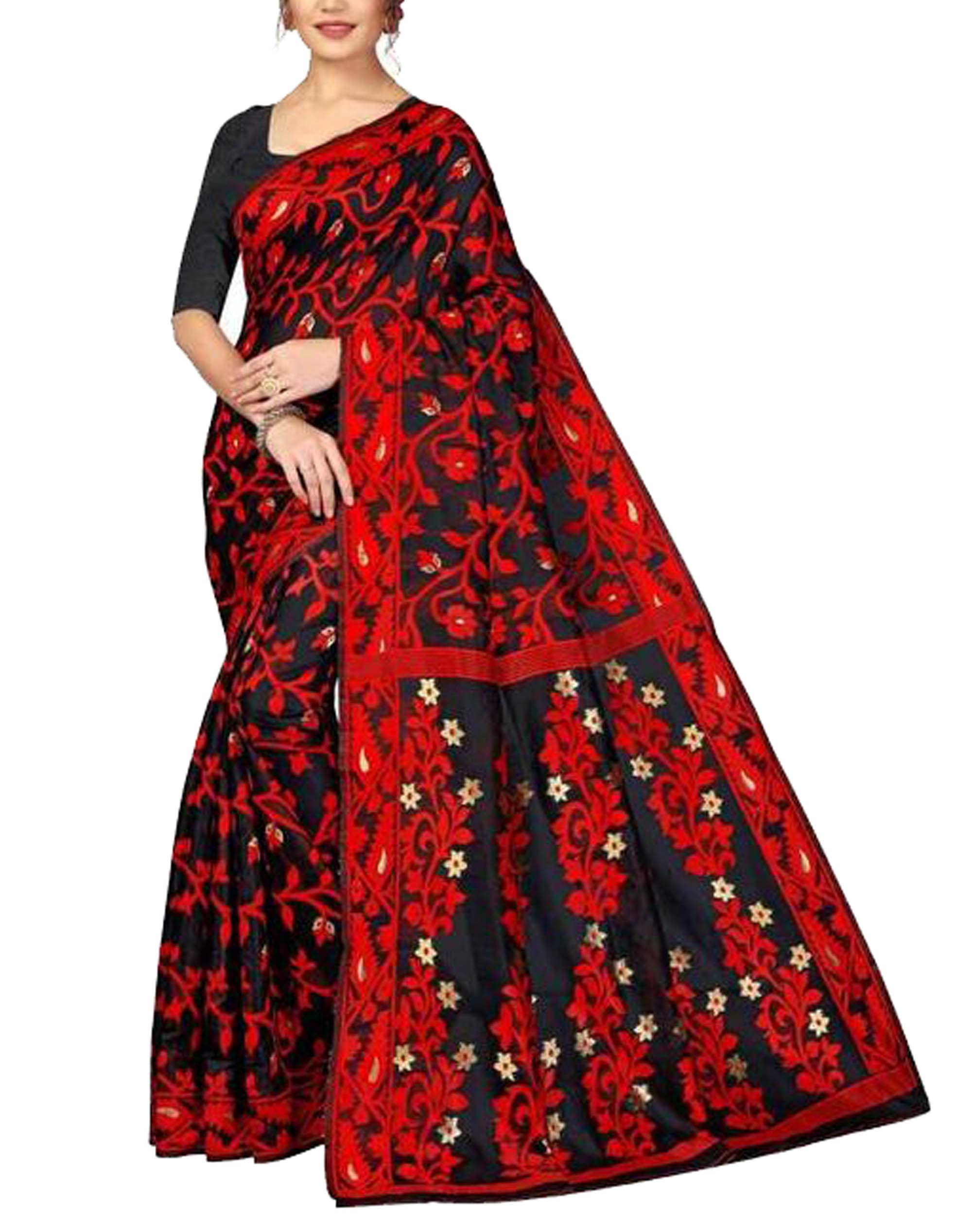 Jolly Enterprise Women`s Soft Red Black Self Trendy Stylish Party Saree-Maroon Red