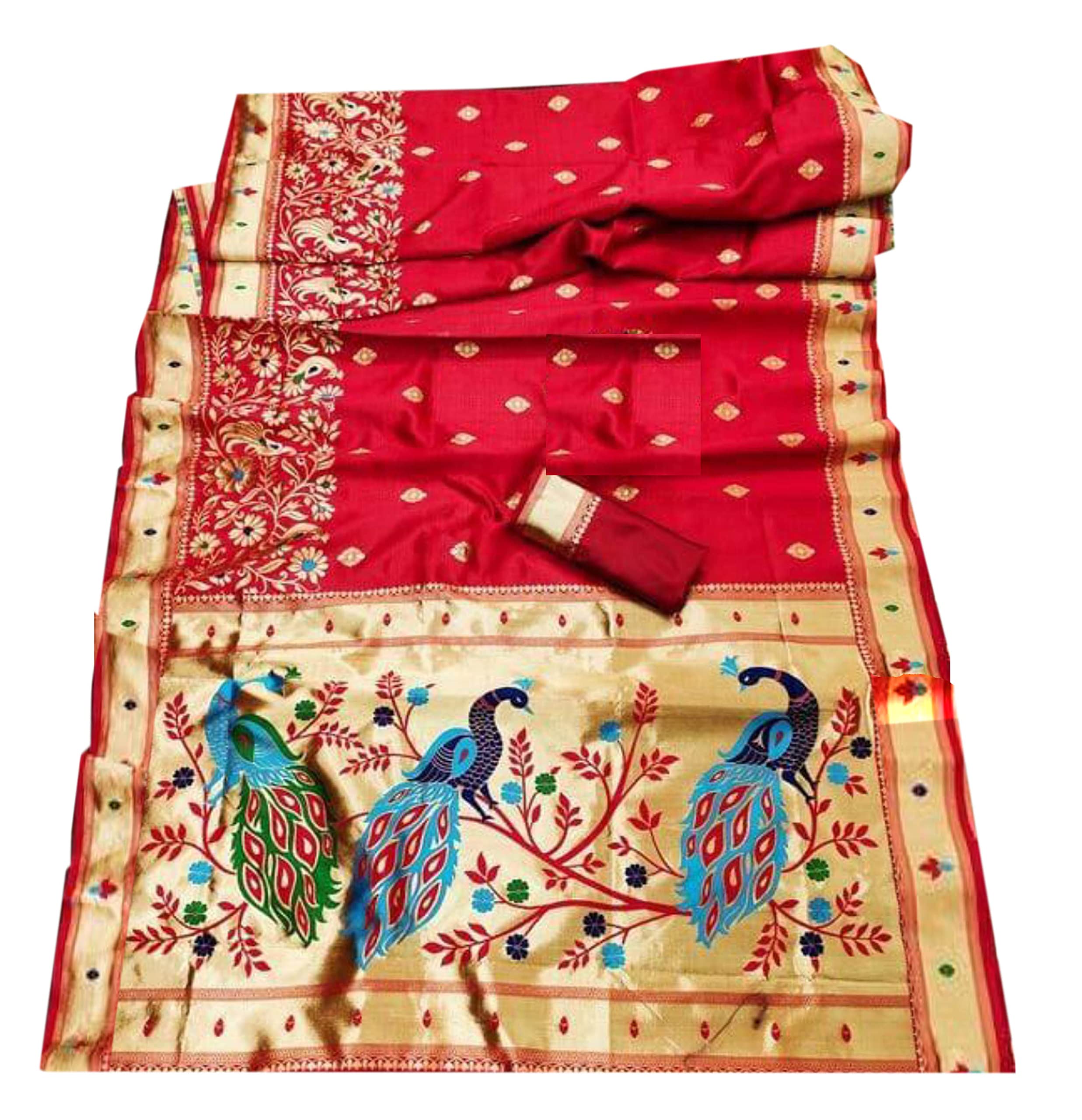 Jolly Women`s Paithani Silk Saree Peacock Design with Contrast Blouse Piece - Red