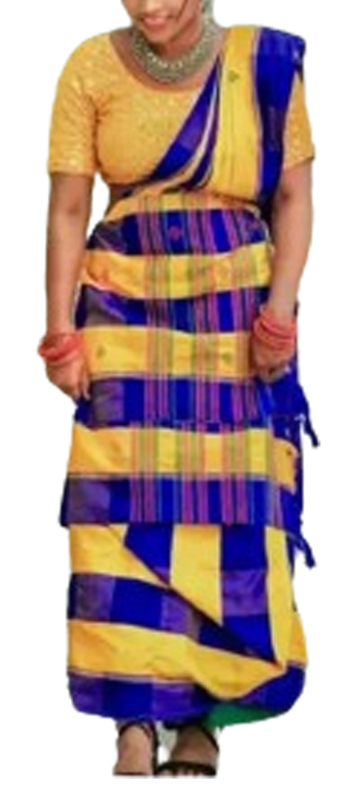 Jolly Women’s Santali Saree Adibasi Tribal Design Pure Tussar With Embroidered Blouse - Yellow Blue