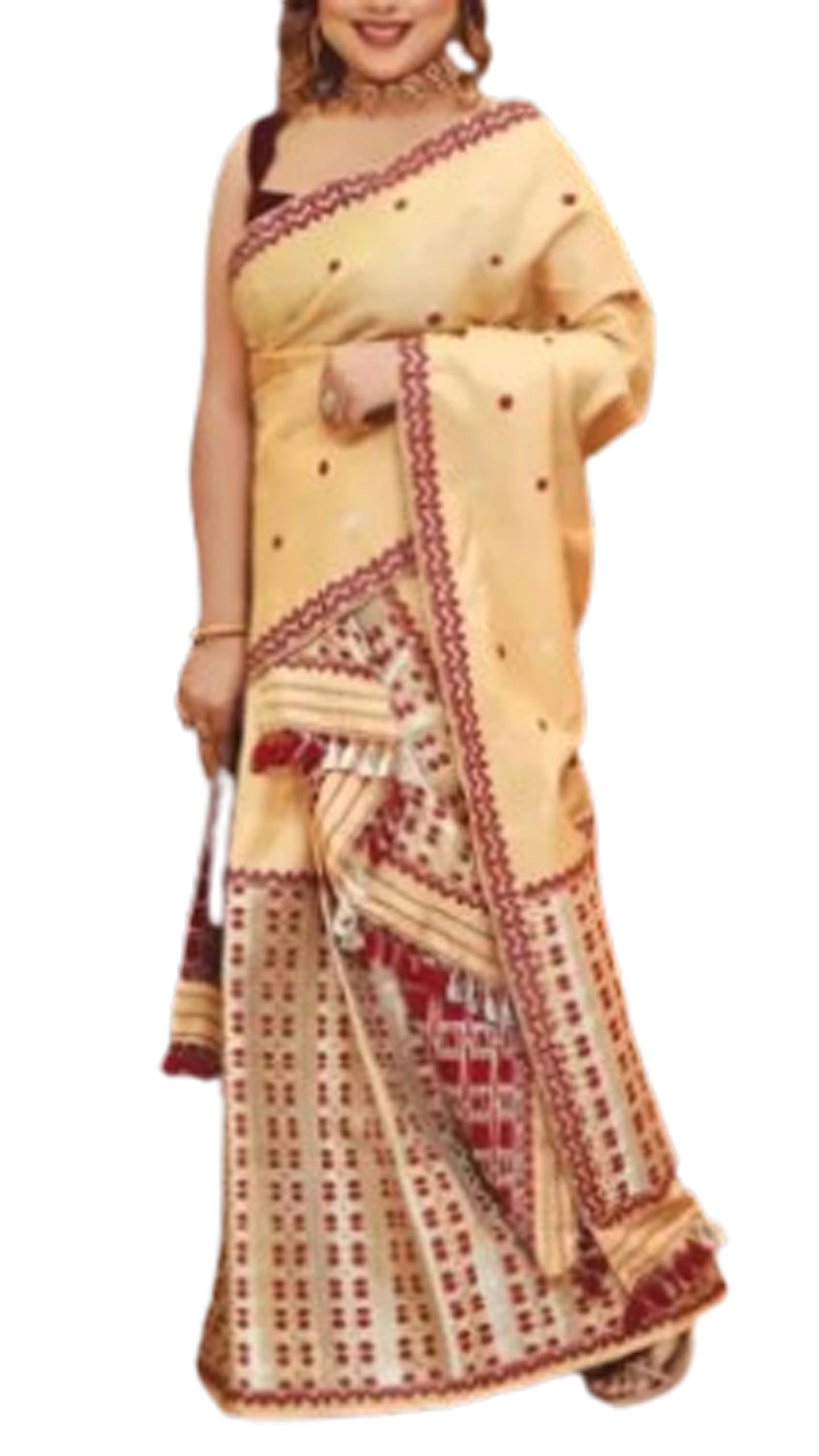Women`s Assamese Mekhela Sador Santal Parhar Pure Fabric of Soft Silk Traditional Design- Off White Red Buti
