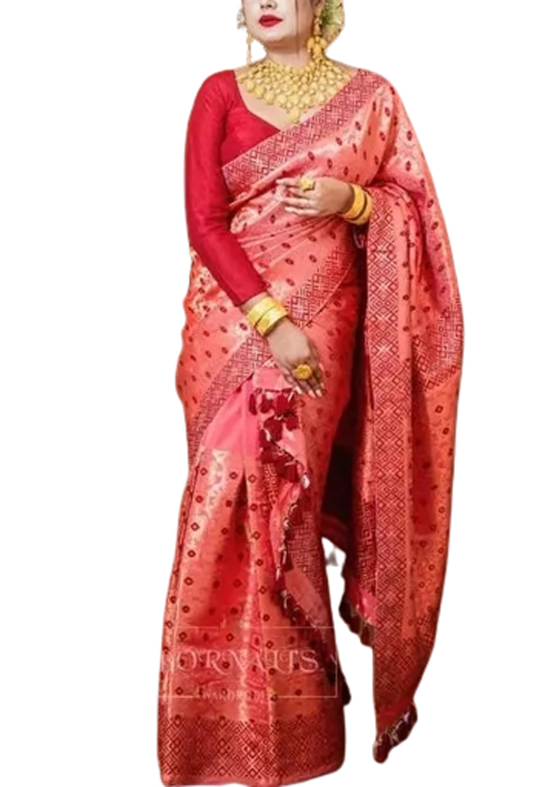 Women`S Assamese Bridal Wedding Mekhela Sador Jura Parhar Saree Pure Fabric Of Soft Silk Traditional Design- Pink