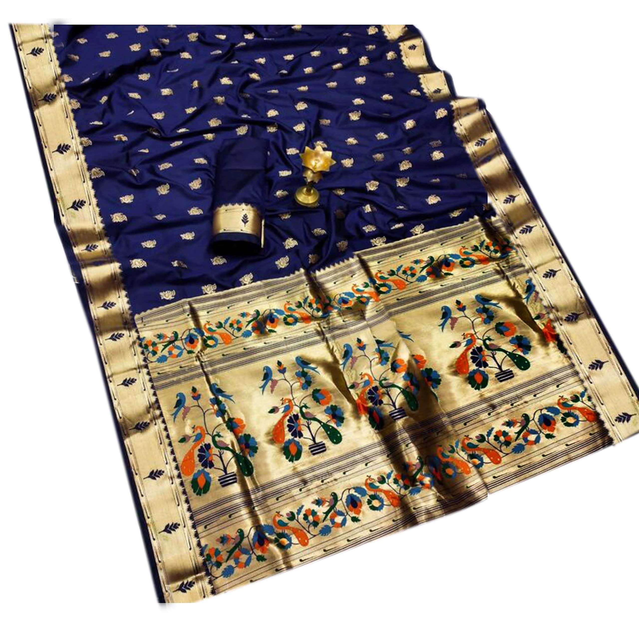 Women`s Paithani Silk Saree With Traditional Woven Jaributta Work Design with Contrast Blouse Piece (Dark Blue)