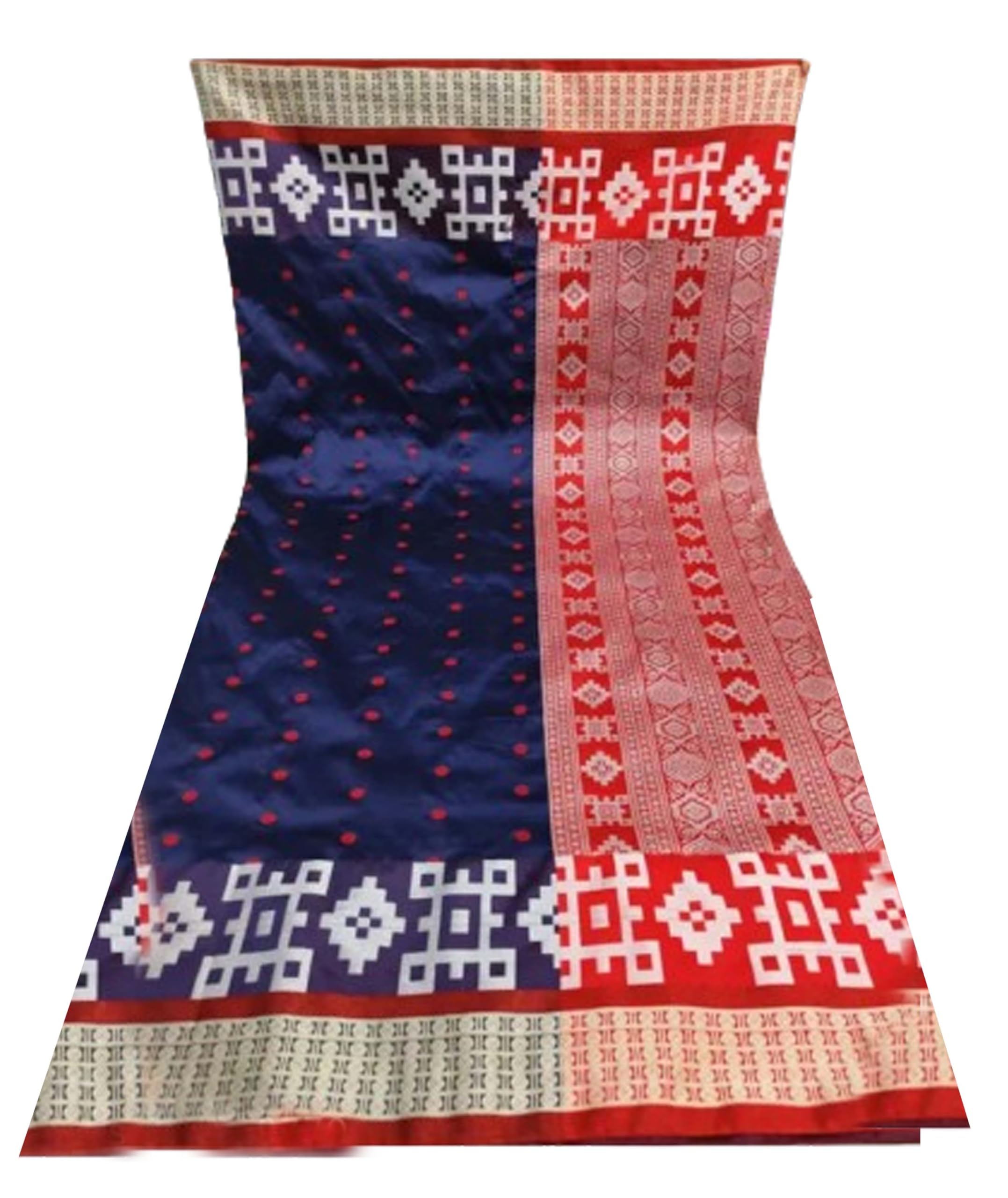 Jolly Women`s Sambalpuri Embroidery Satin Silk Saree Bomkai Border With Traditional Design with Blouse Piece - Navy Blue Red