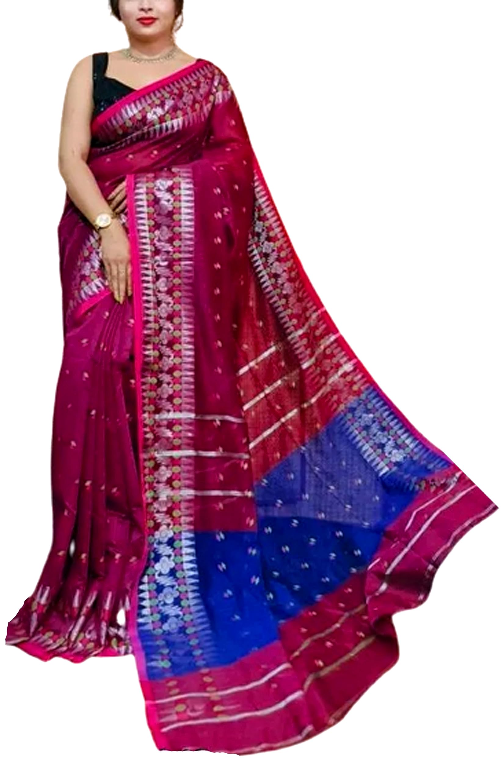 Women’s Handloom Cotton Silk Saree Pure Fine By Fulia Tant With Blouse (Maroon)