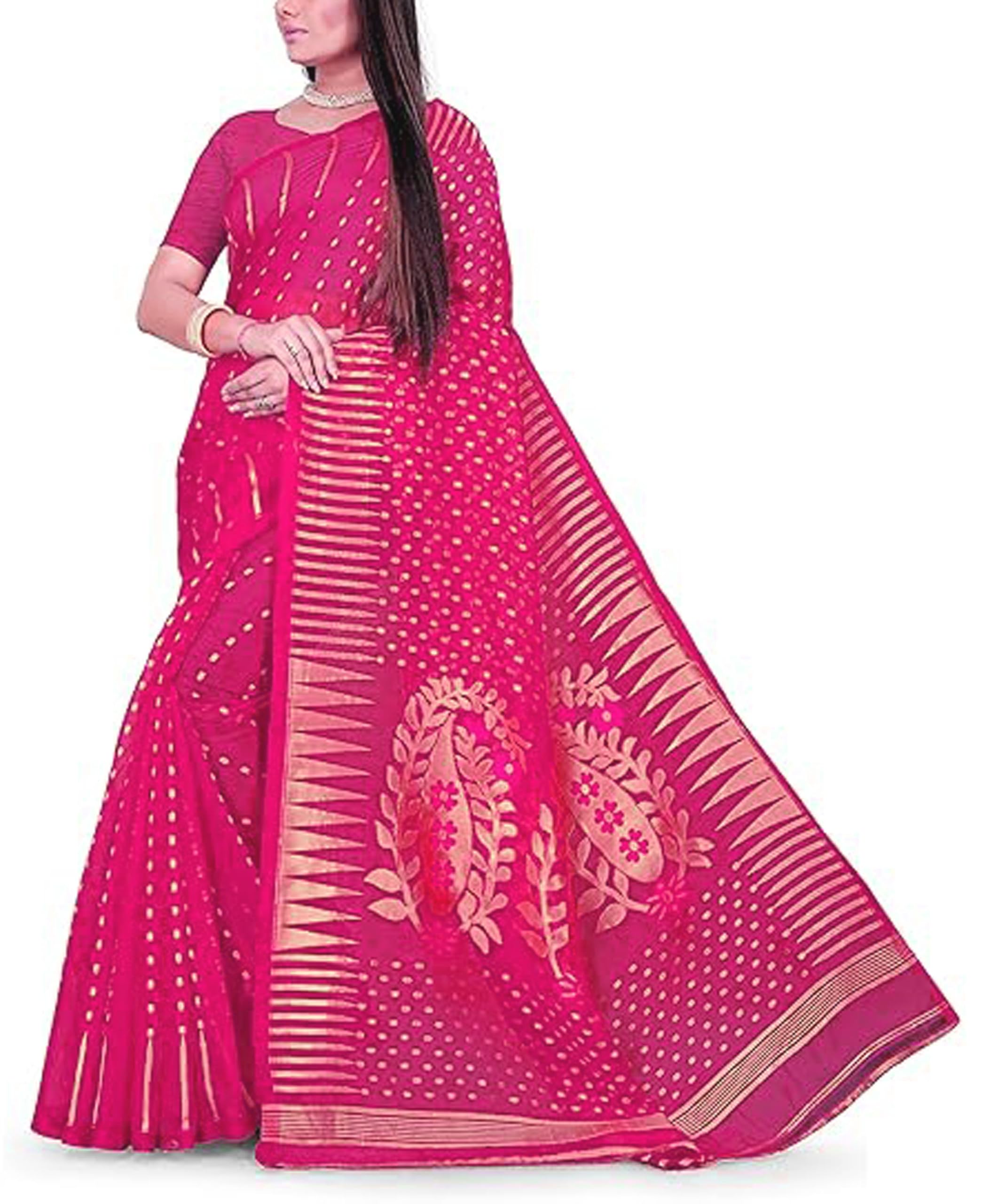 Women’s Cotton Hajarbuti Handloom With Jamdani Design Allover Bland Tant Saree- Pink