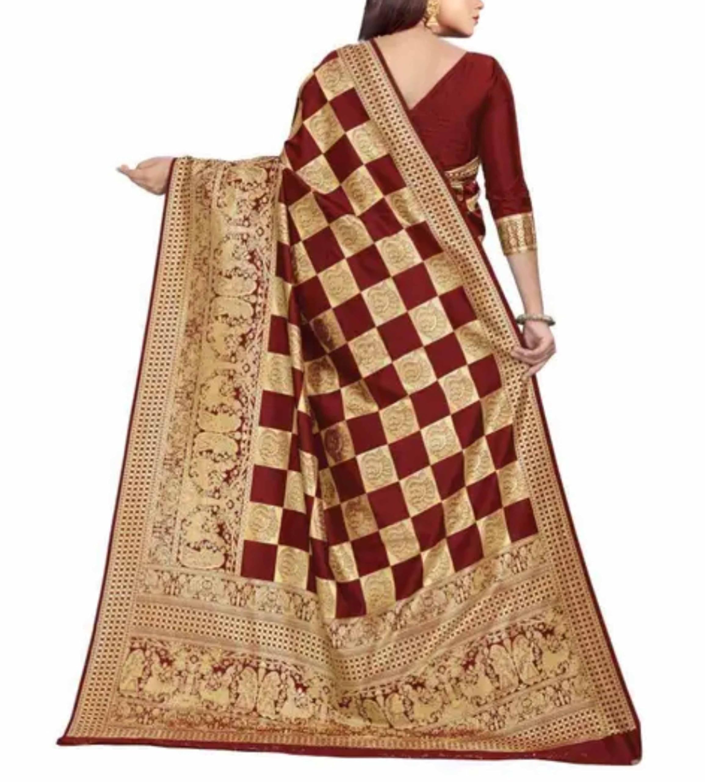 Banarasi Checkered soft Silk Jaquard Zari work All Over Weding Saree With Jaal Work Blouse- Brown Gold
