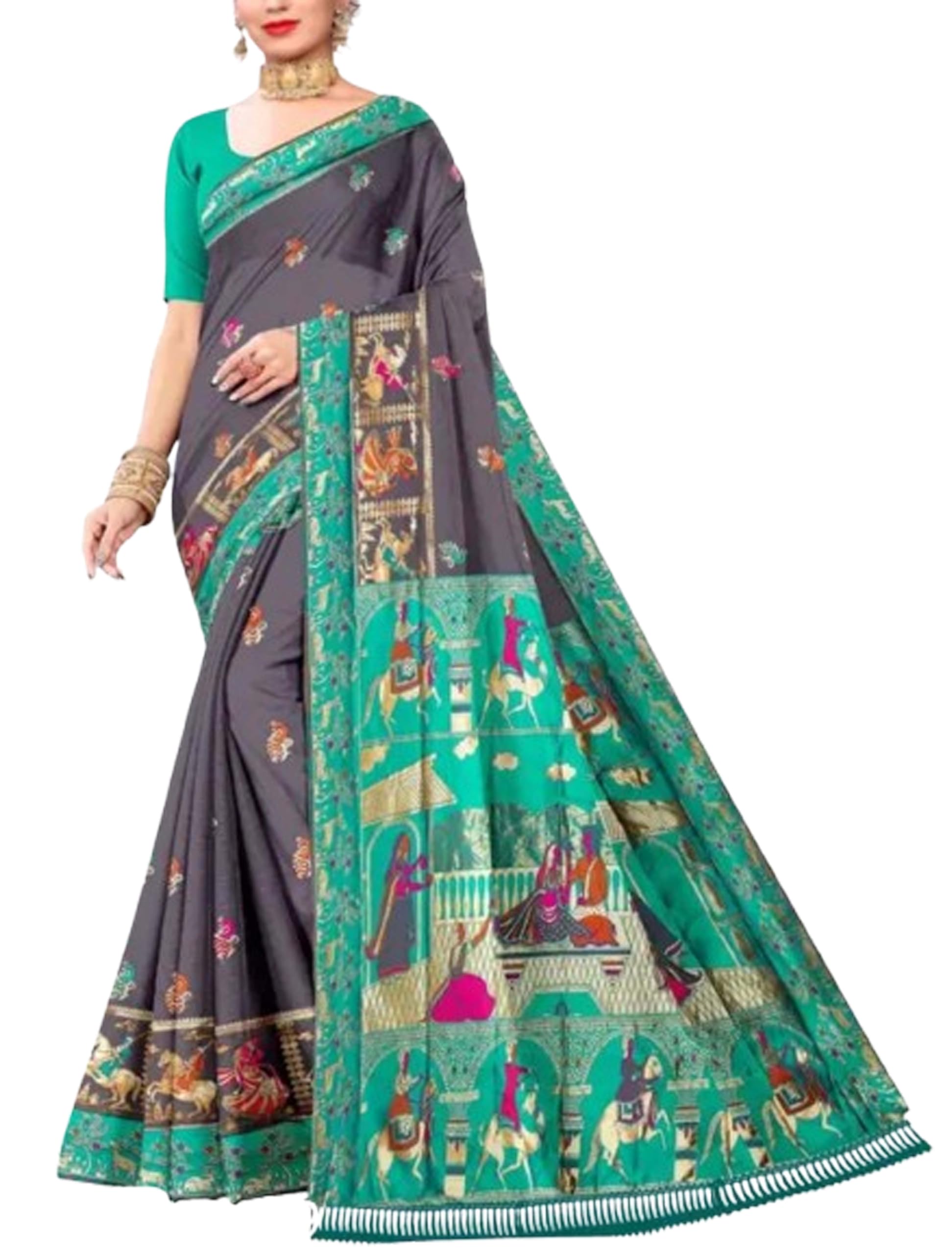 Jolly Bhagalpuri Elephant Design Woven Traditional Saree - Grey Green
