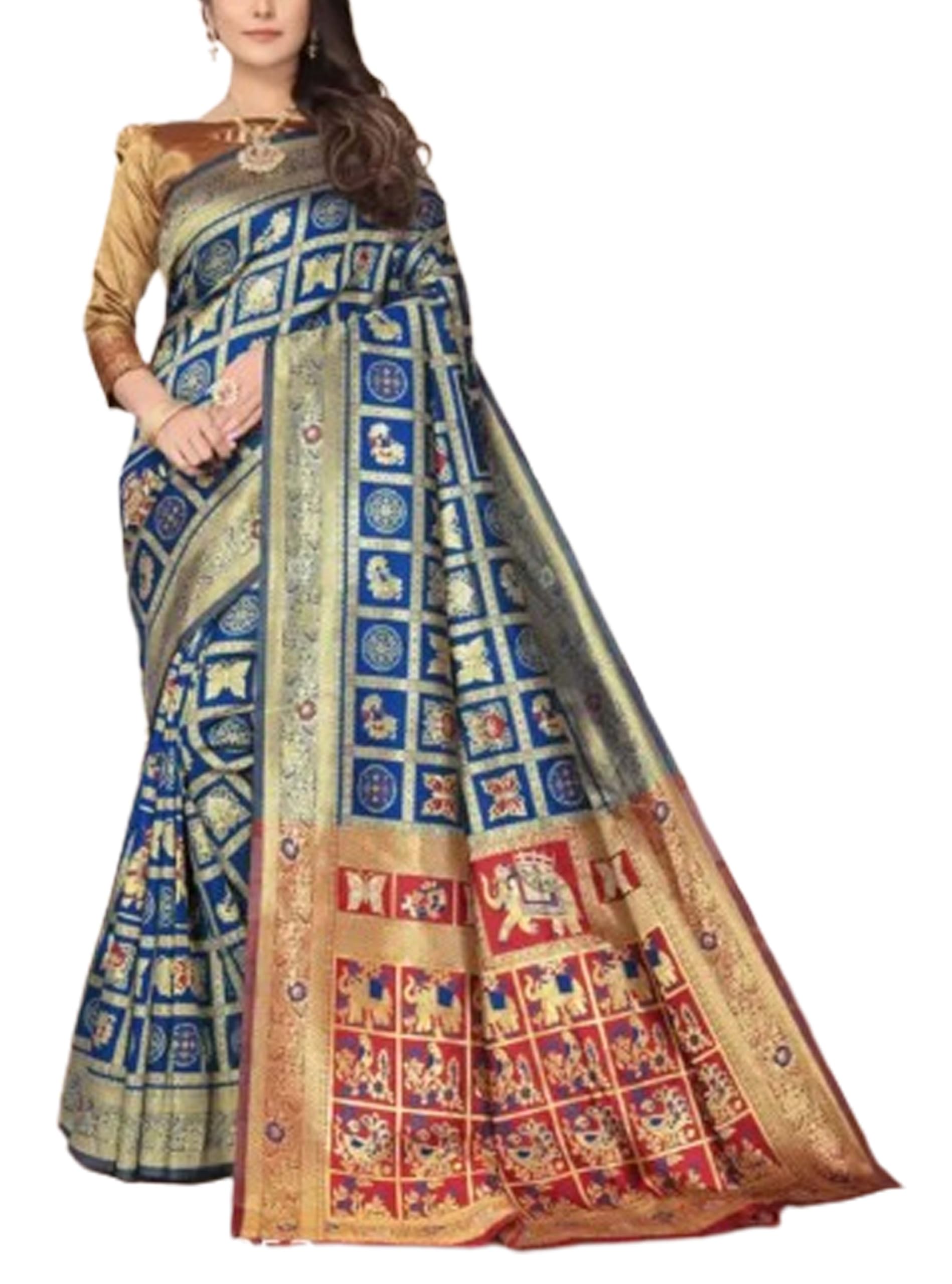 Women`s Patola Silk Saree Traditional with Blouse Piece - Blue Red