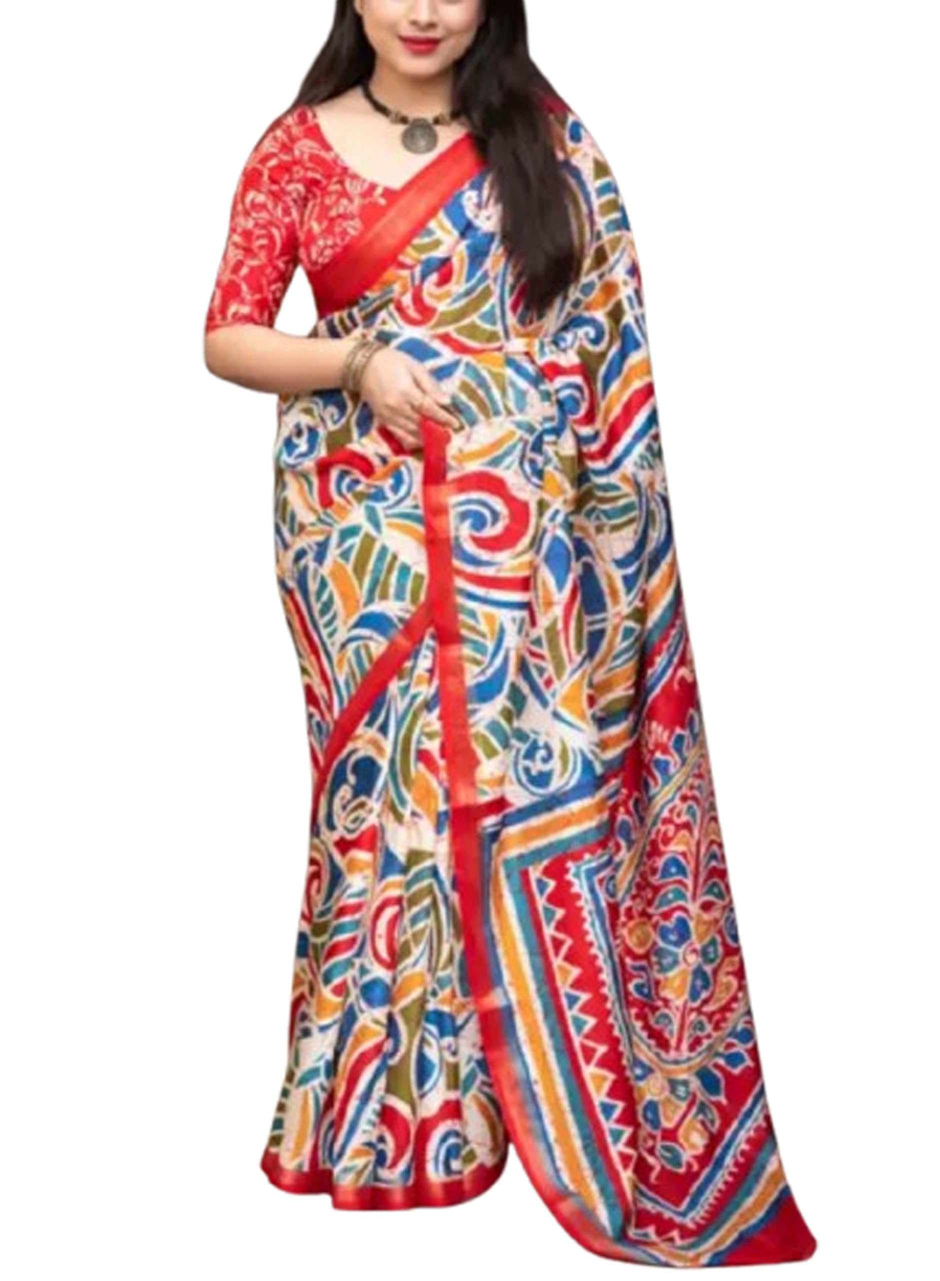 Jolly Crepe Saree Soft Cotton Multicolour Batik Style Print Saree - Red